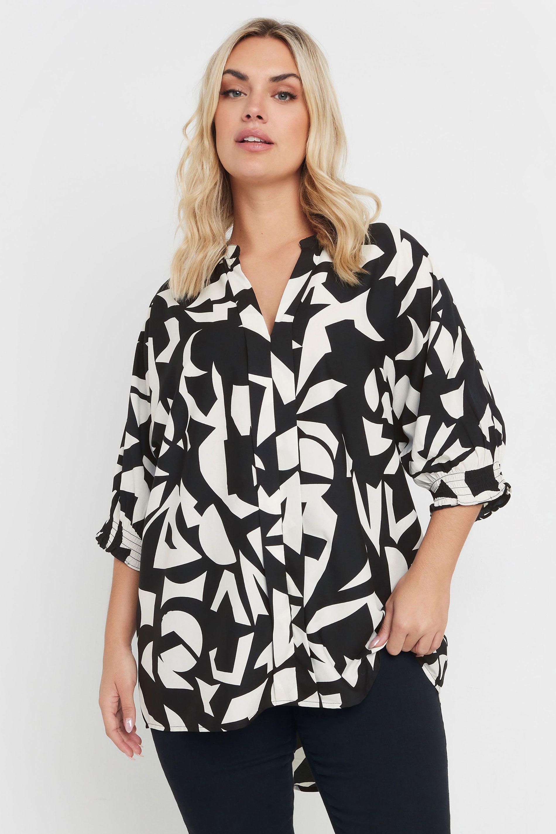 YOURS Plus Size Black & White Abstract V-Neck Shirt | Yours Clothing 3