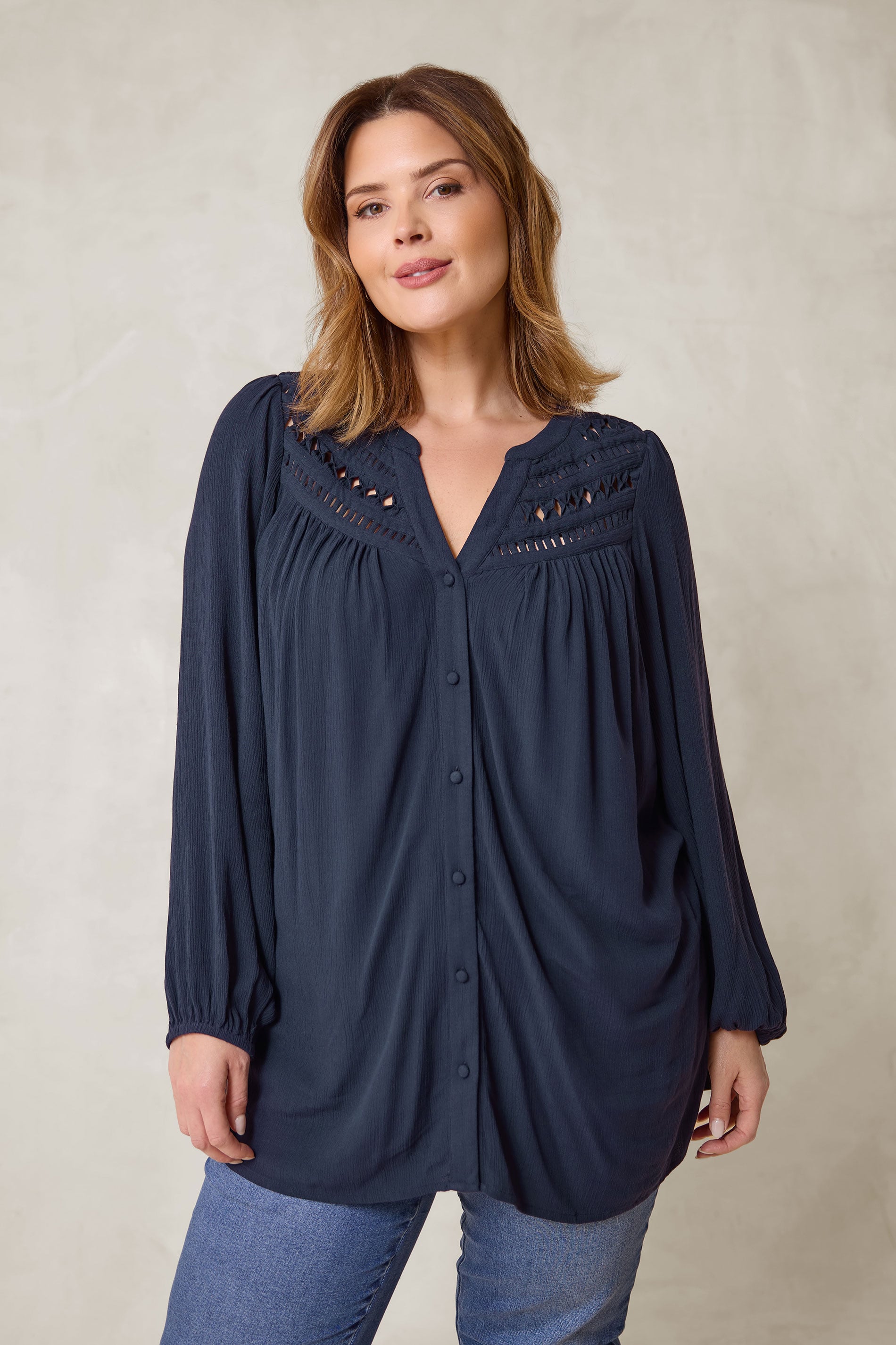 Evans Women's Blue Plus Navy Long Sleeve Macrame Blouse Size 30-32