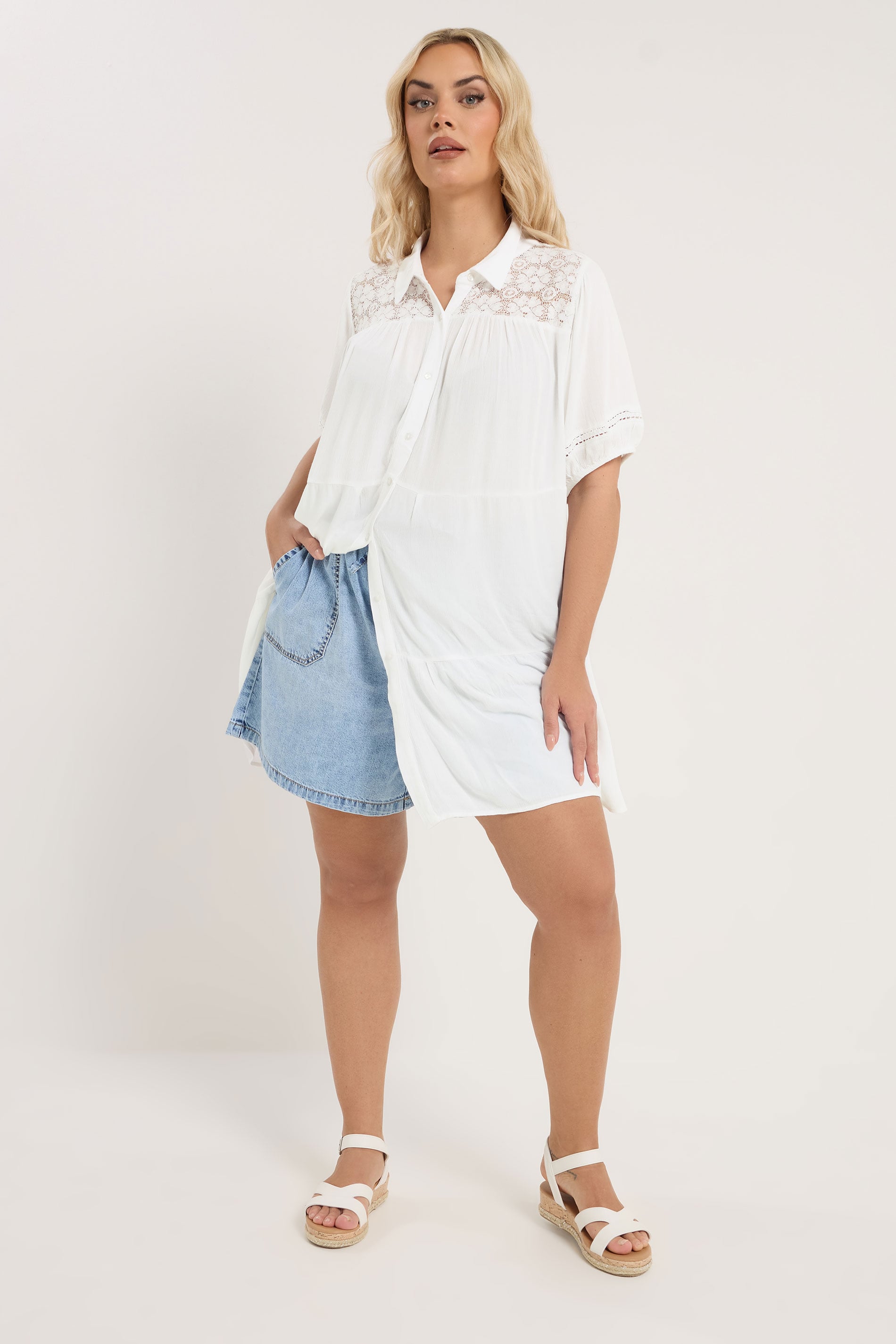 YOURS Plus Size White Tiered Crochet Detailed Shirt | Yours Clothing 2