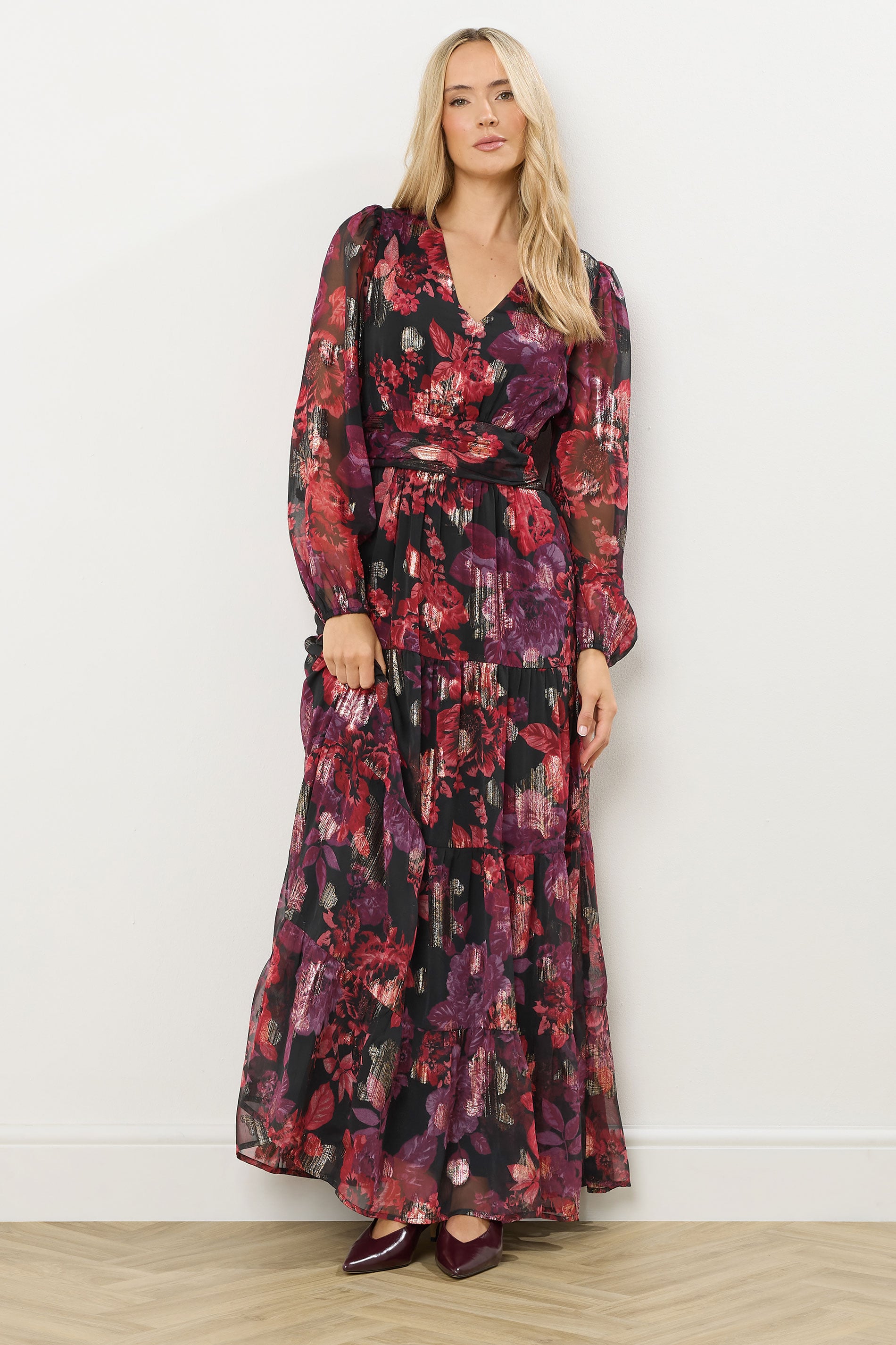 LTS Tall Black Rose Jacquard Metallic Maxi Dress | Long Tall Sally 3