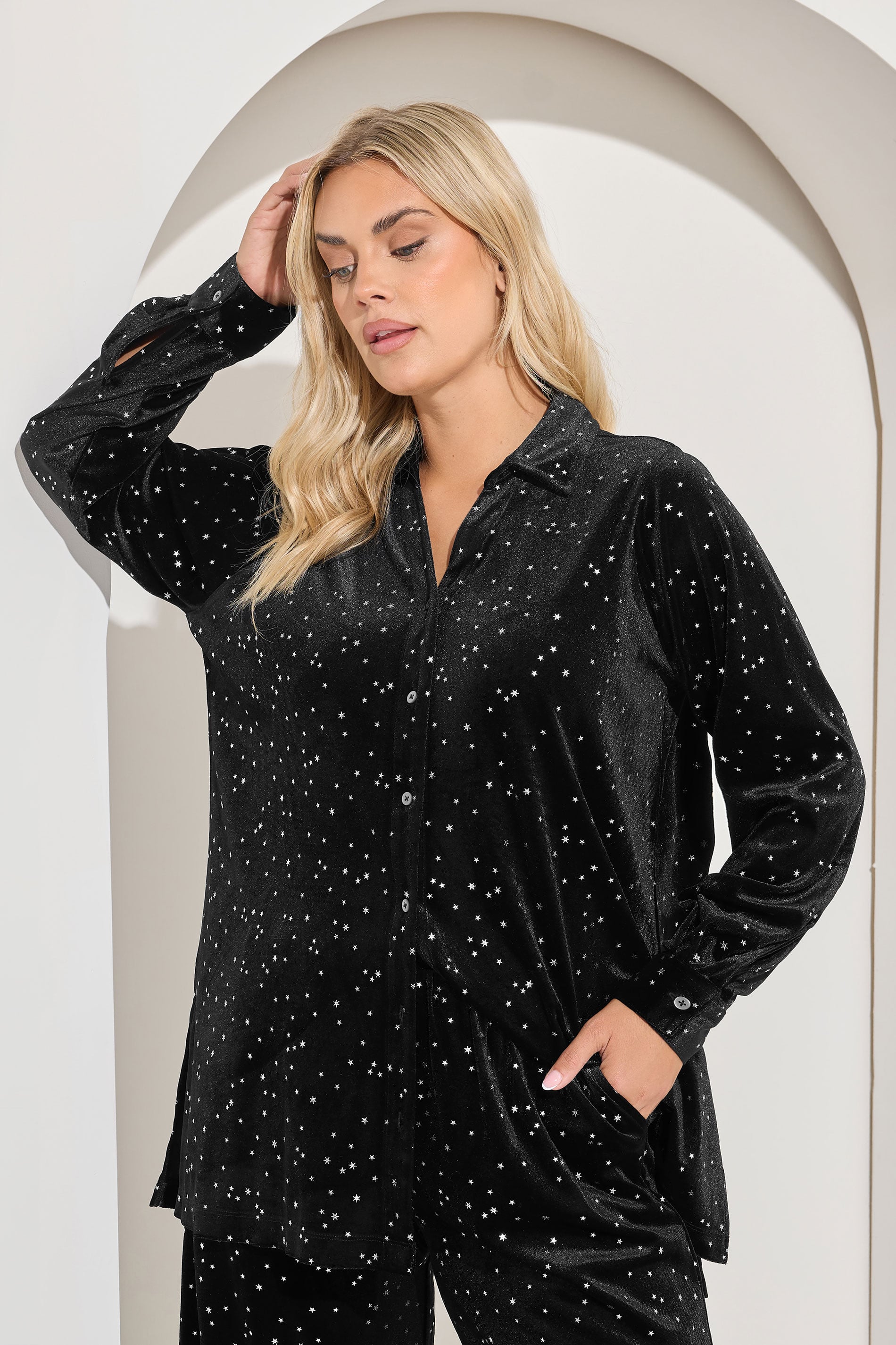 YOURS Plus Size Black Star Print Velour Shirt | Yours Clothing 3