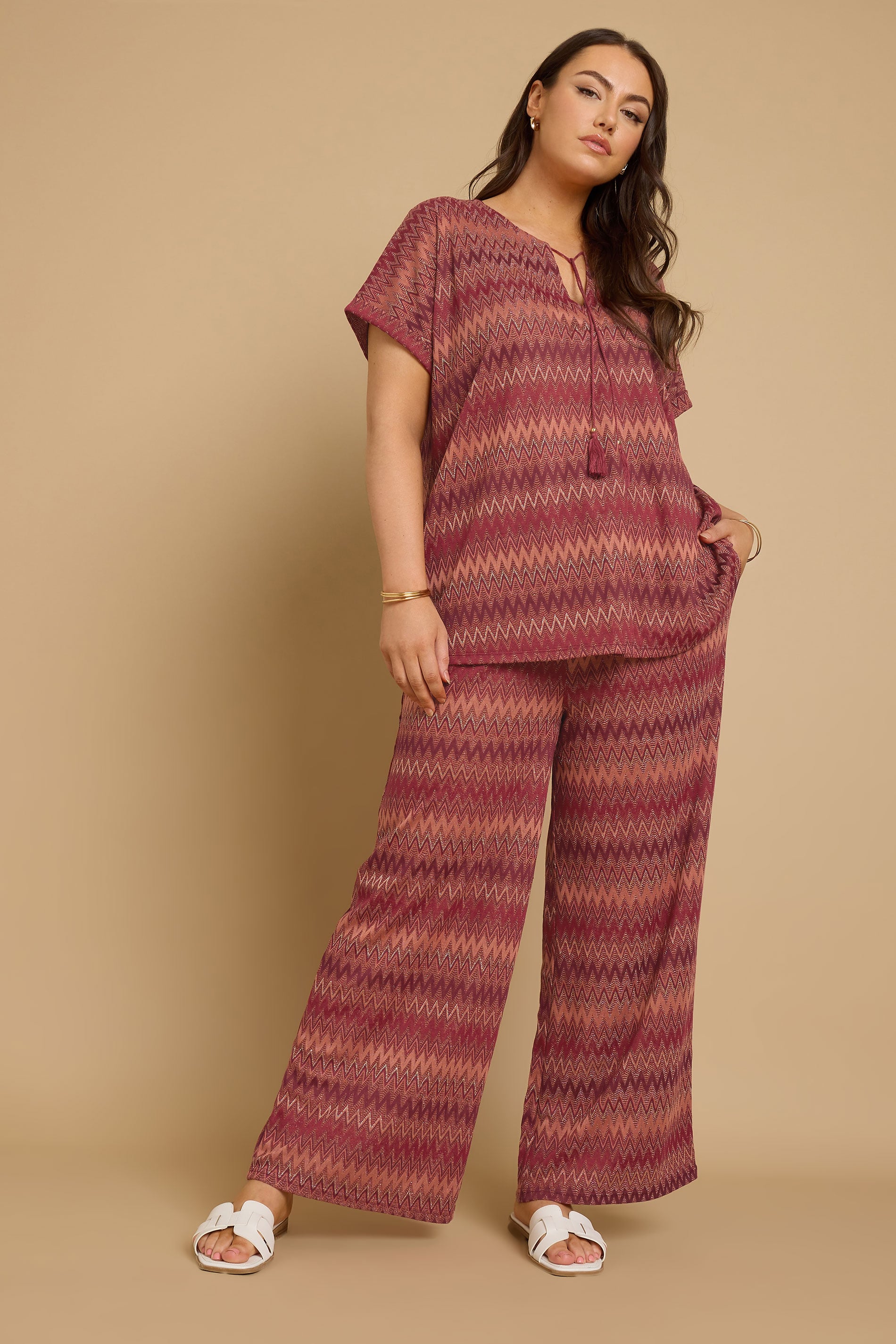 YOURS Plus Size Rust Orange Metallic Zig Zag Tie Neck Top | Yours Clothing 1