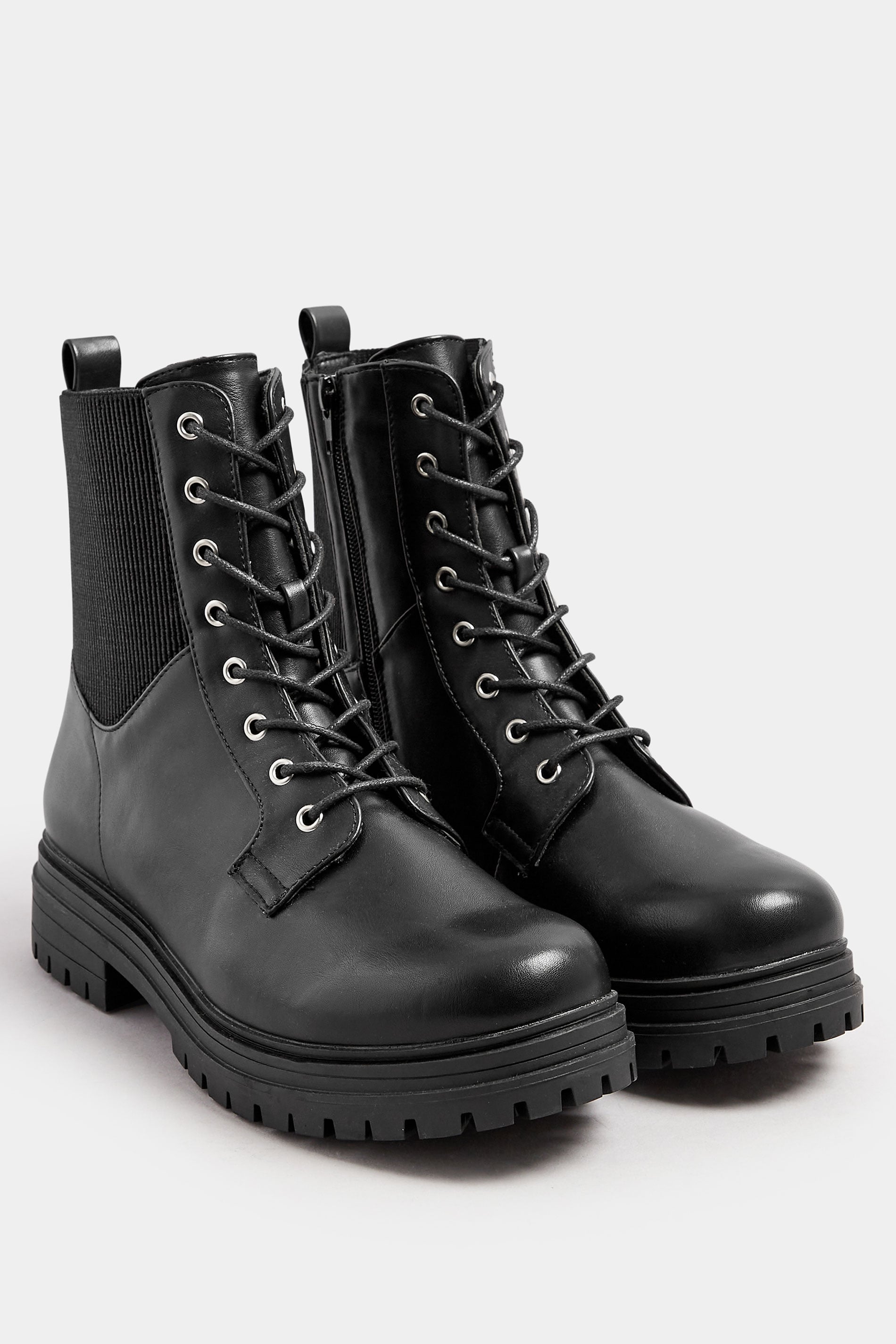 Black Stretch Panel Lace Up Chunky Boots In Wide E Fit & Extra Wide EEE Fit | Yours Clothing 1