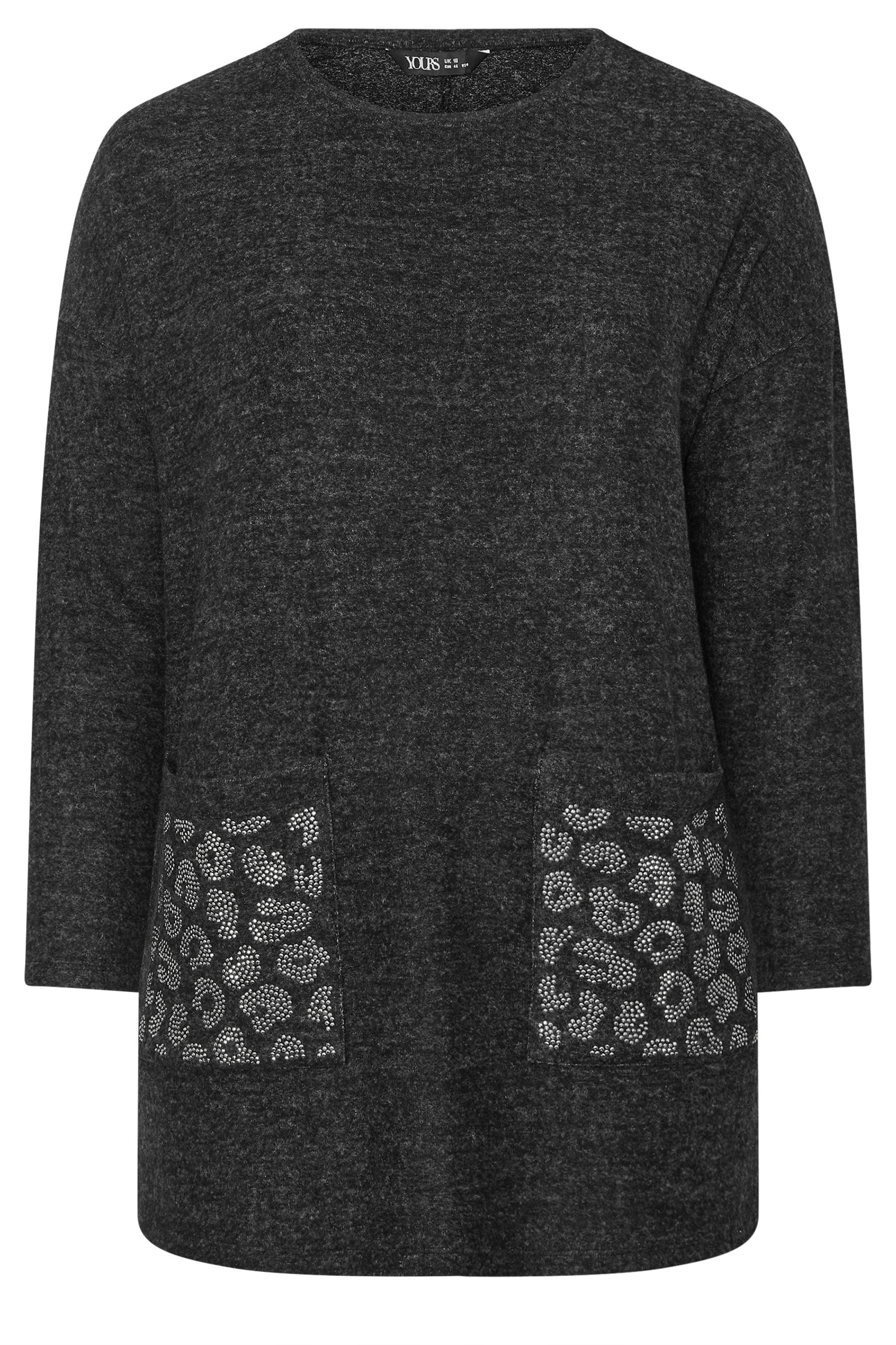 YOURS Plus Size Grey Leopard Diamante Embellished Pocket Top | Yours Clothing 5