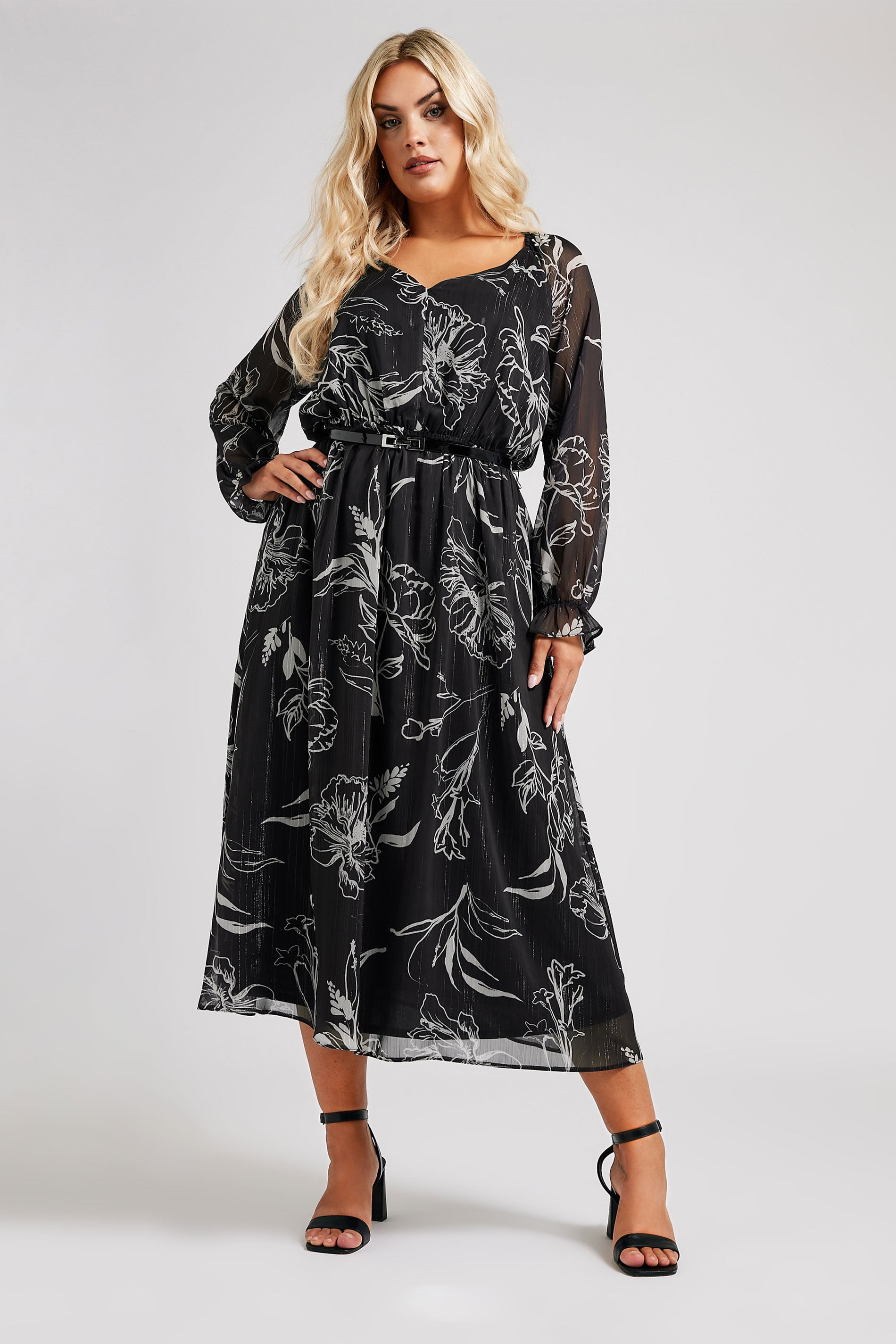 YOURS LONDON Plus Size Black & White Floral Print Metallic Maxi Dress | Yours Clothing 3