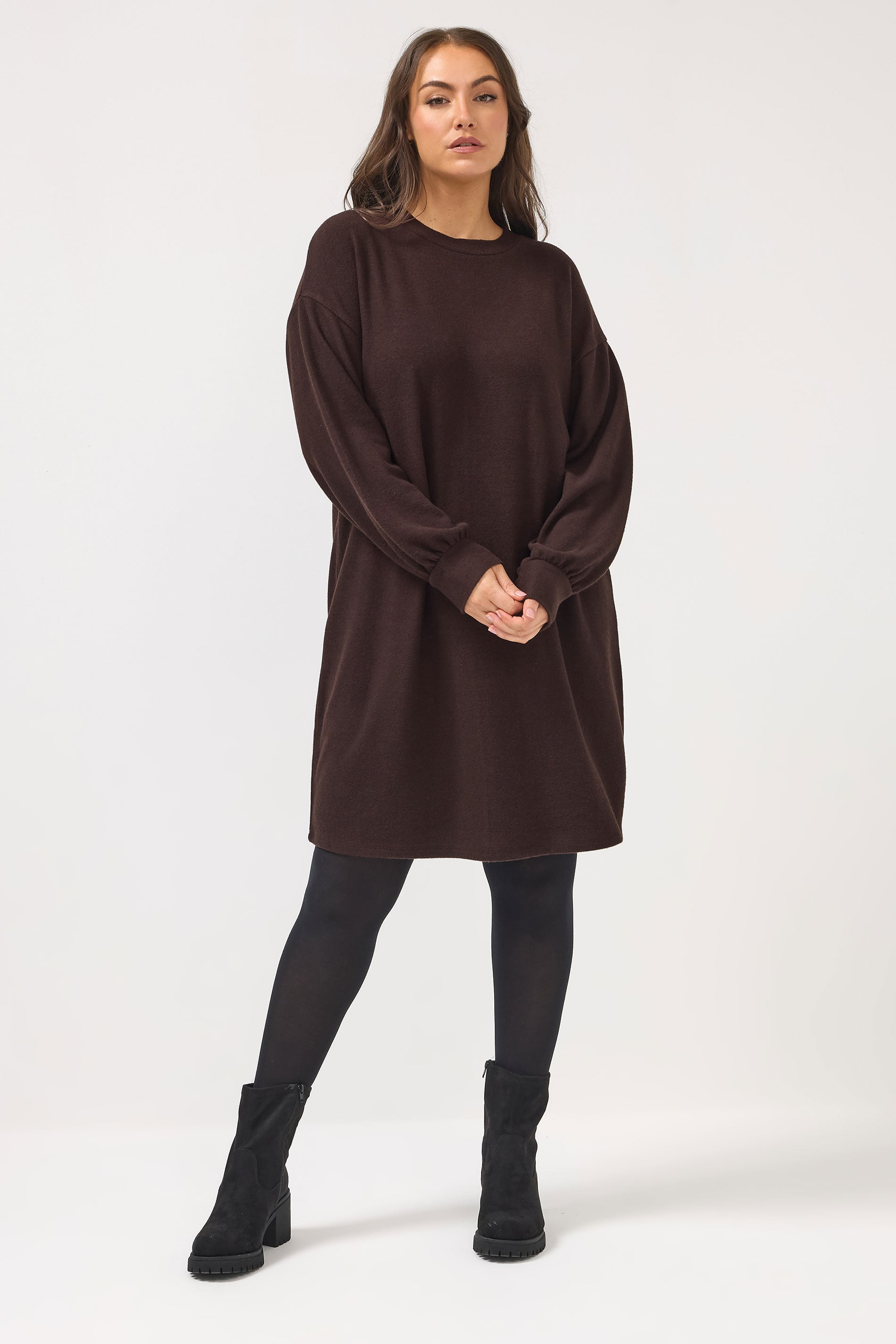 YOURS Plus Size Chocolate Brown Balloon Sleeve Sweatshirt Dress | Yours Clothing 1