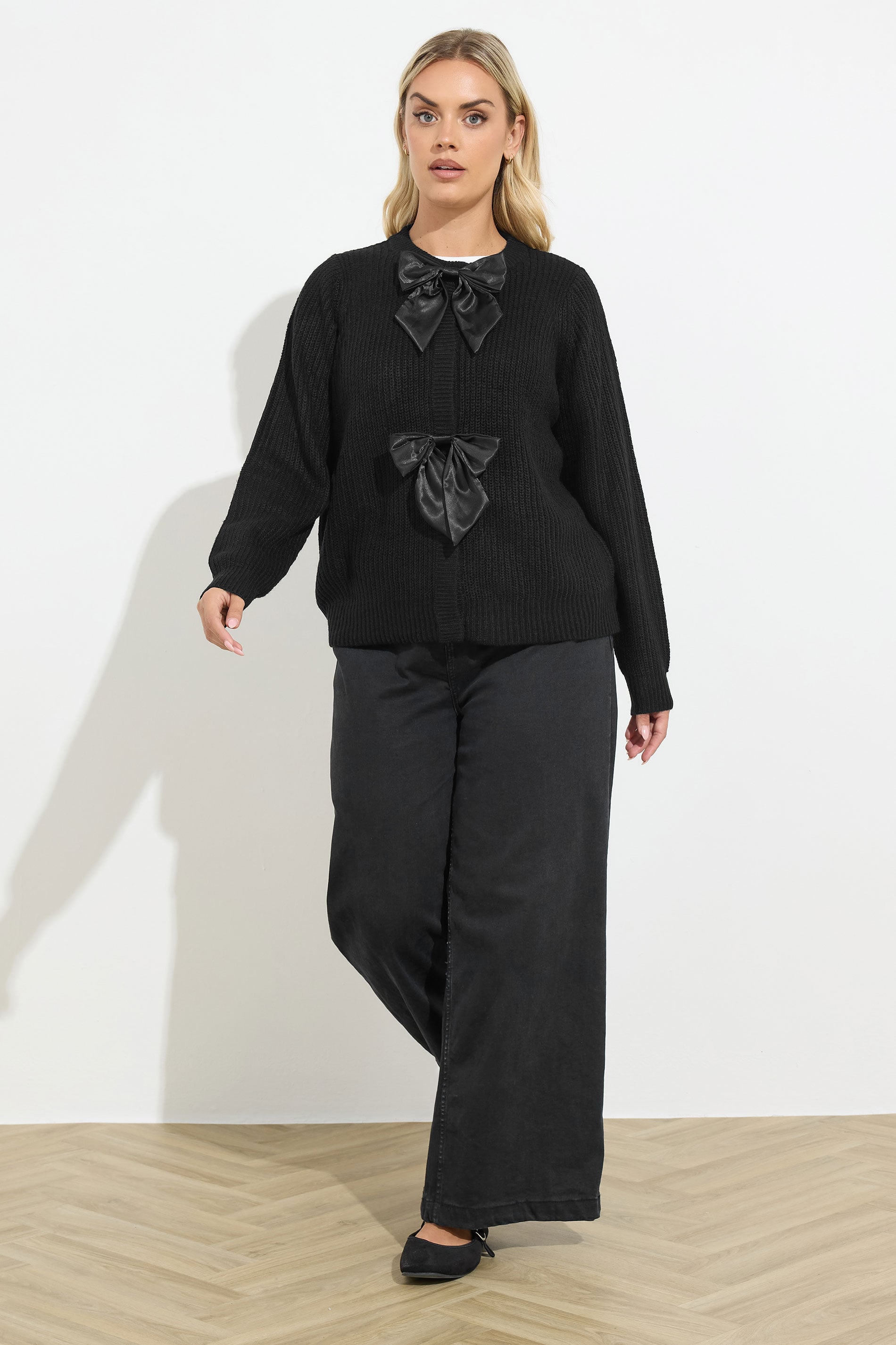 YOURS Plus Size Black Pearl Bow Front Through Cardigan 1