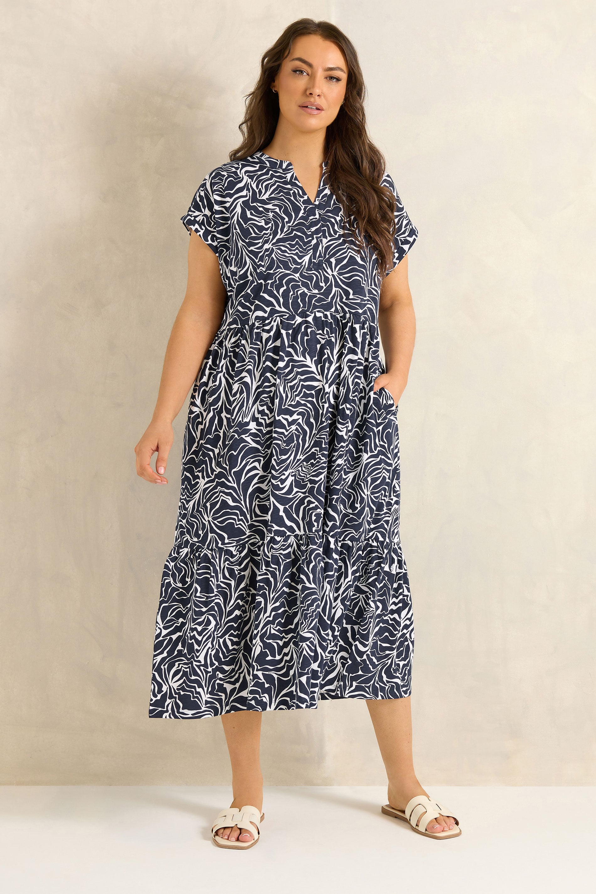 EVANS Plus Size Navy Blue Abstract Print Notch Neck Cotton Midi Dress | Evans 3