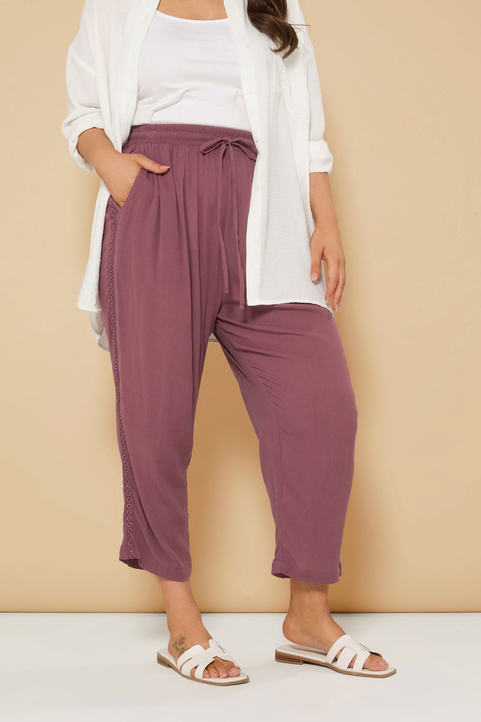 YOURS Plus Size Berry Red Crochet Trim Cropped Trousers | Yours Clothing 3