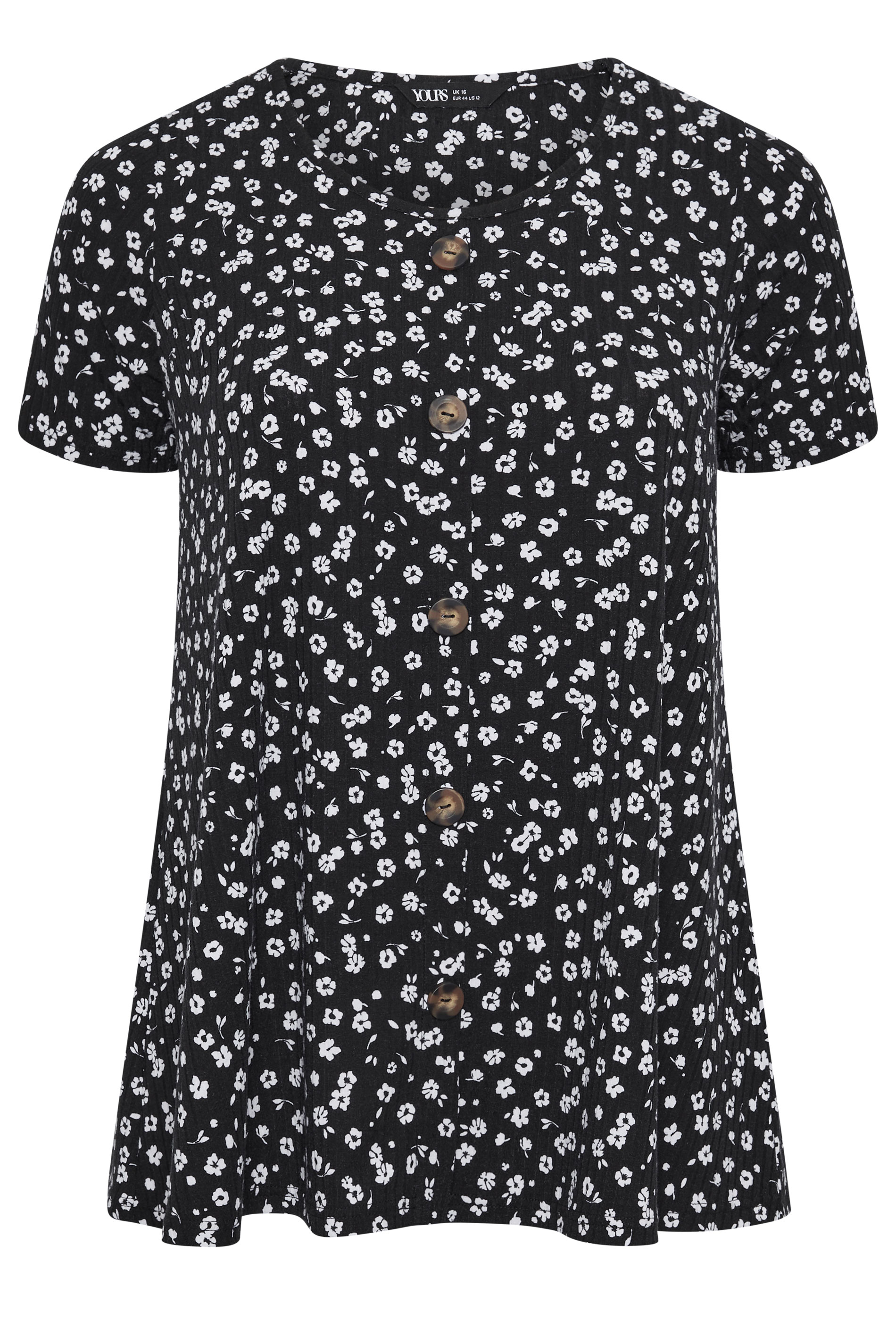 YOURS Plus Size Black & White Ditsy Floral Ribbed T-Shirt | Yours Clothing 5