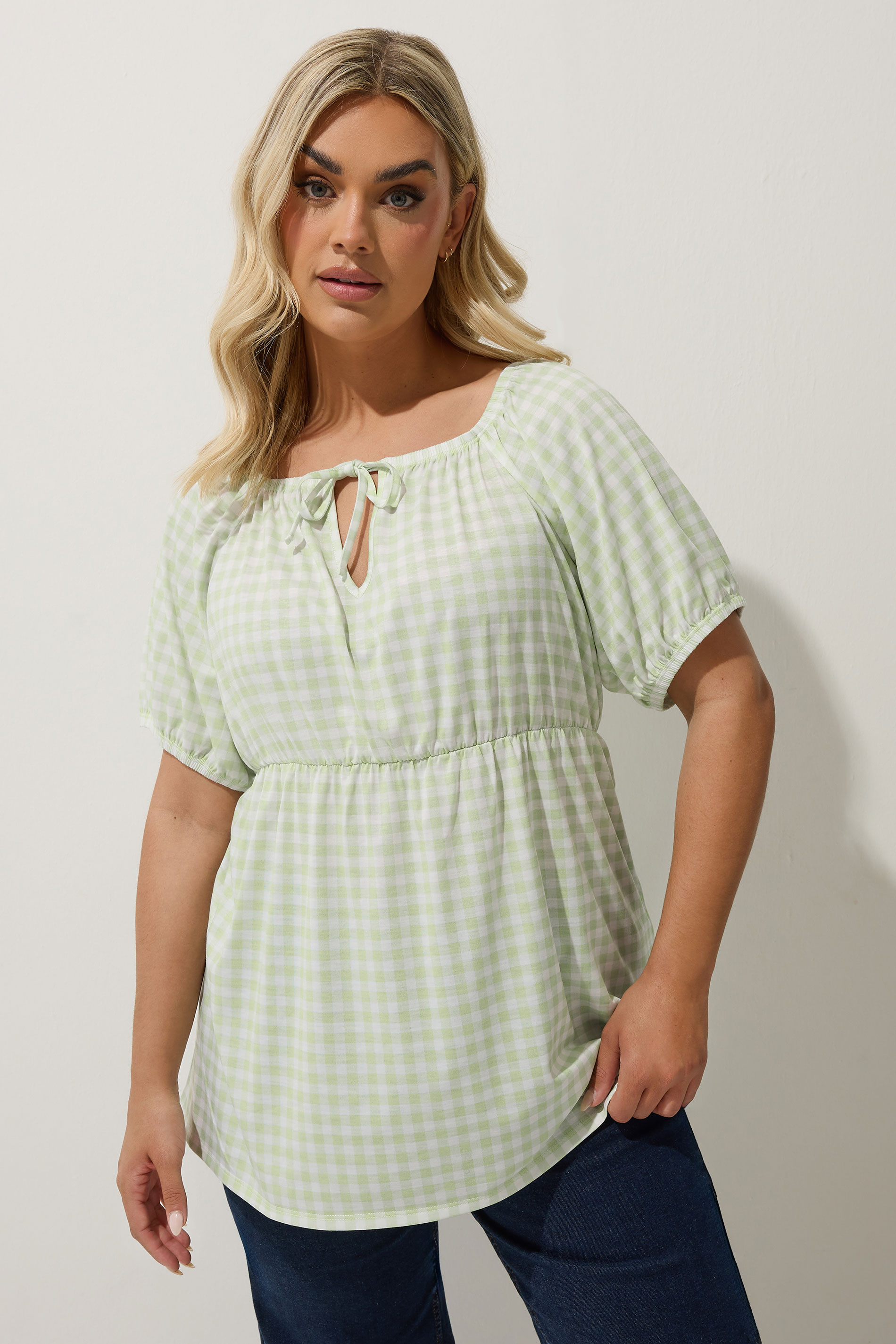 LIMITED COLLECTION Plus Size Sage Green Gingham Tie Neck Peplum Top | Yours Clothing 3