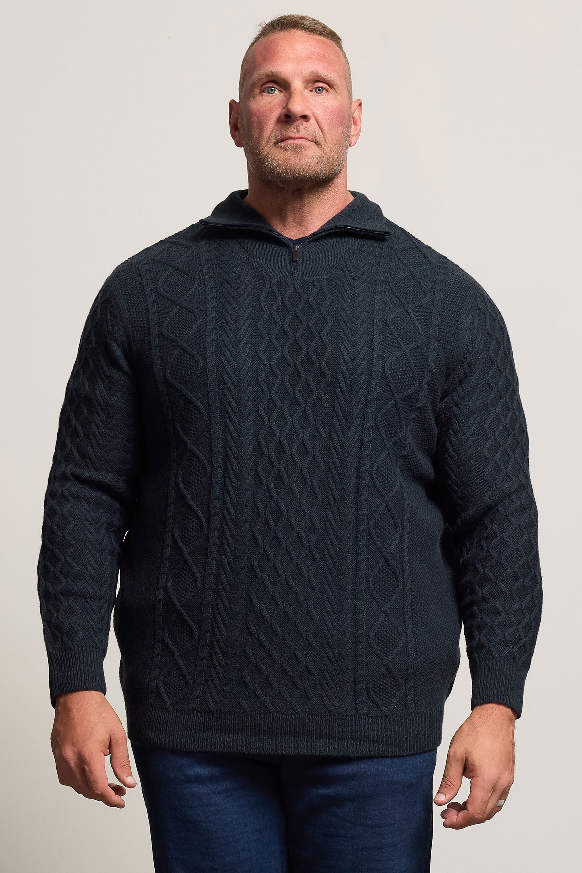 BadRhino Big & Tall Navy Blue Cable Knit Quarter Zip Jumper | BadRhino 3