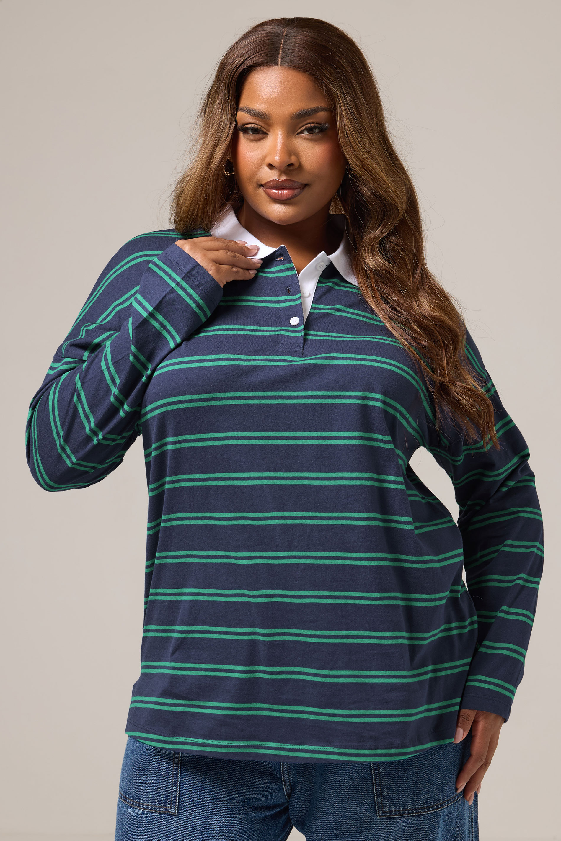 YOURS Plus Size Navy Blue Stripe Rugby Collar Top | Yours Clothing 1