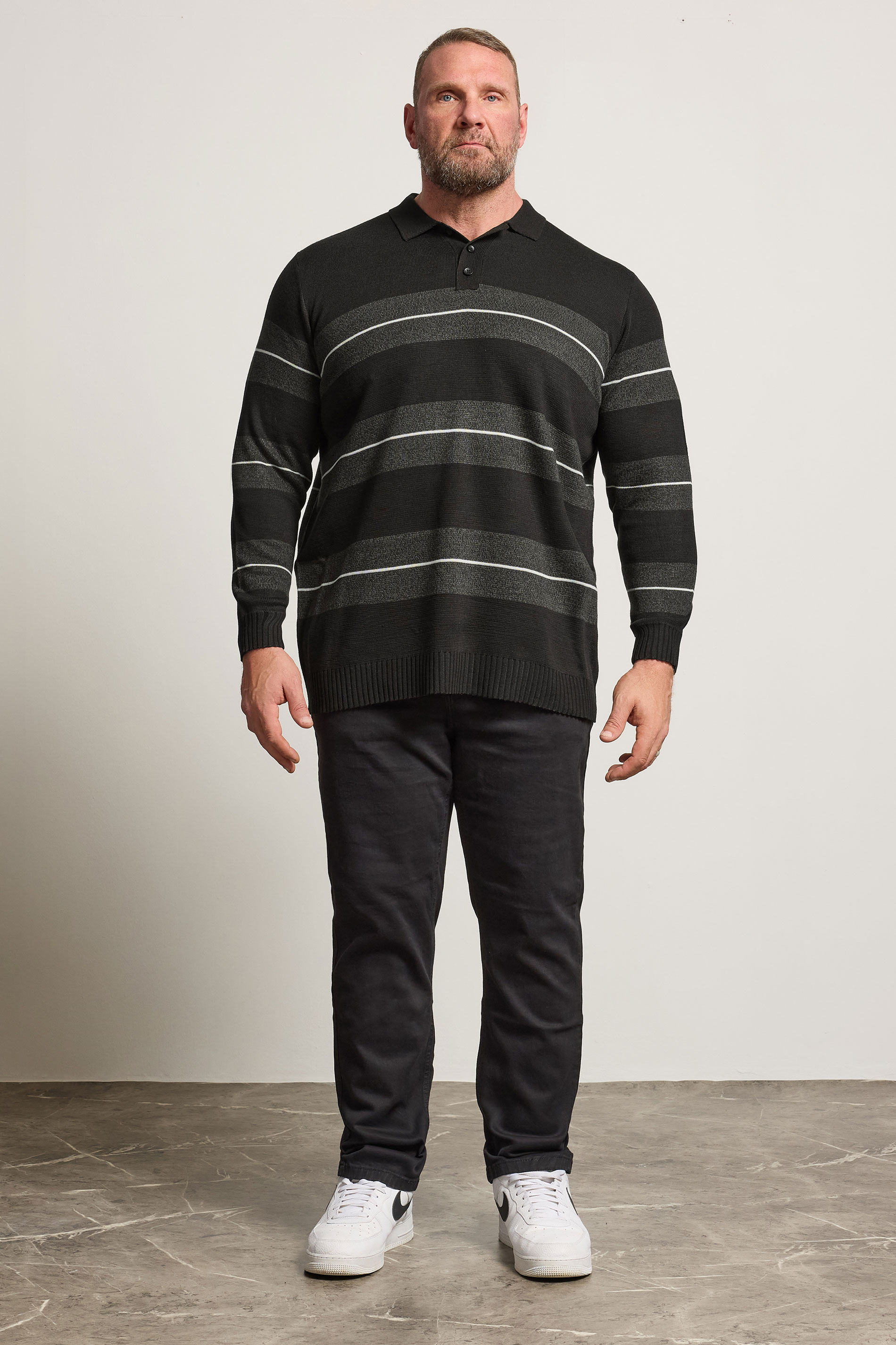 BadRhino Big & Tall Black Stripe Collared Knitted Polo | BadRhino 2