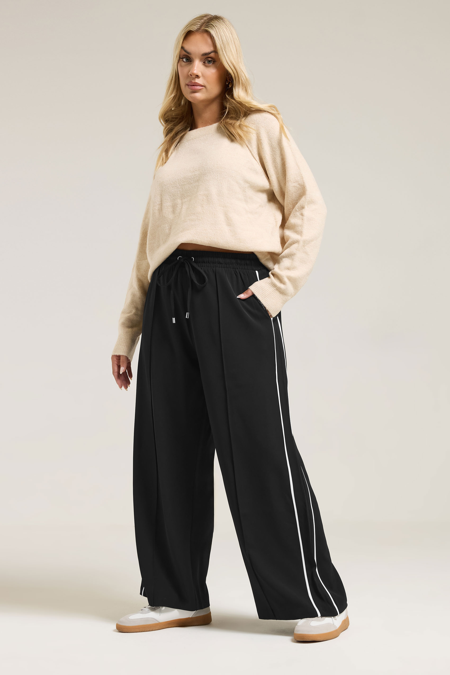 YOURS Plus Size Black Side Stripe Wide Leg Trousers | Yours Clothing 1