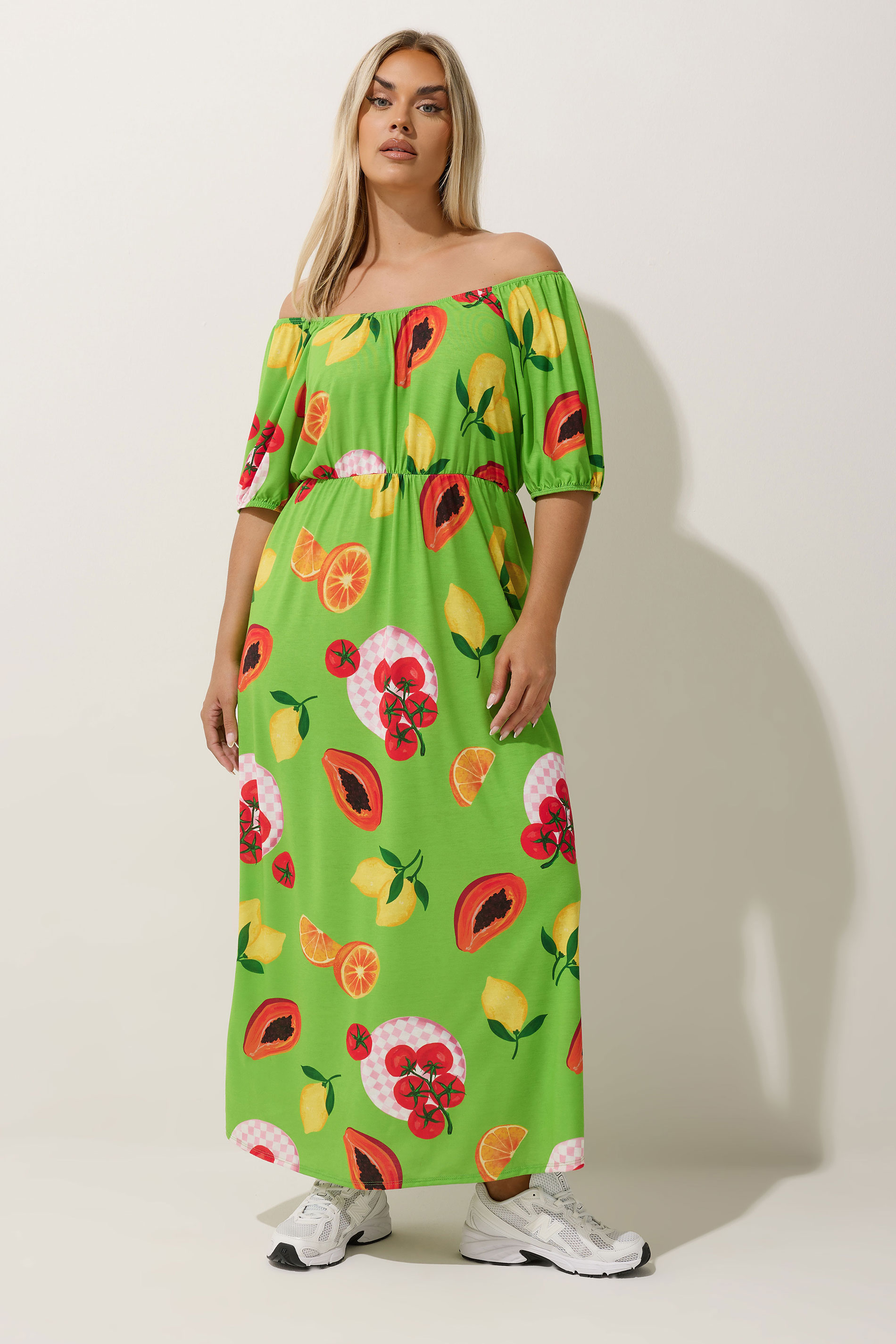 LIMITED COLLECTION Plus Size Green Fruit Print Bardot Dress | Yours Clothing 1