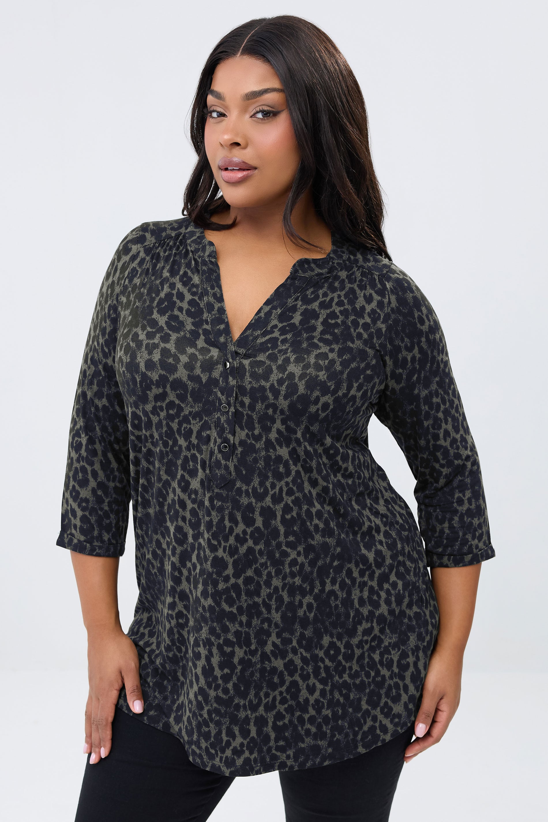 YOURS Plus Size Dark Green Leopard Print Placket Top | Yours Clothing 3