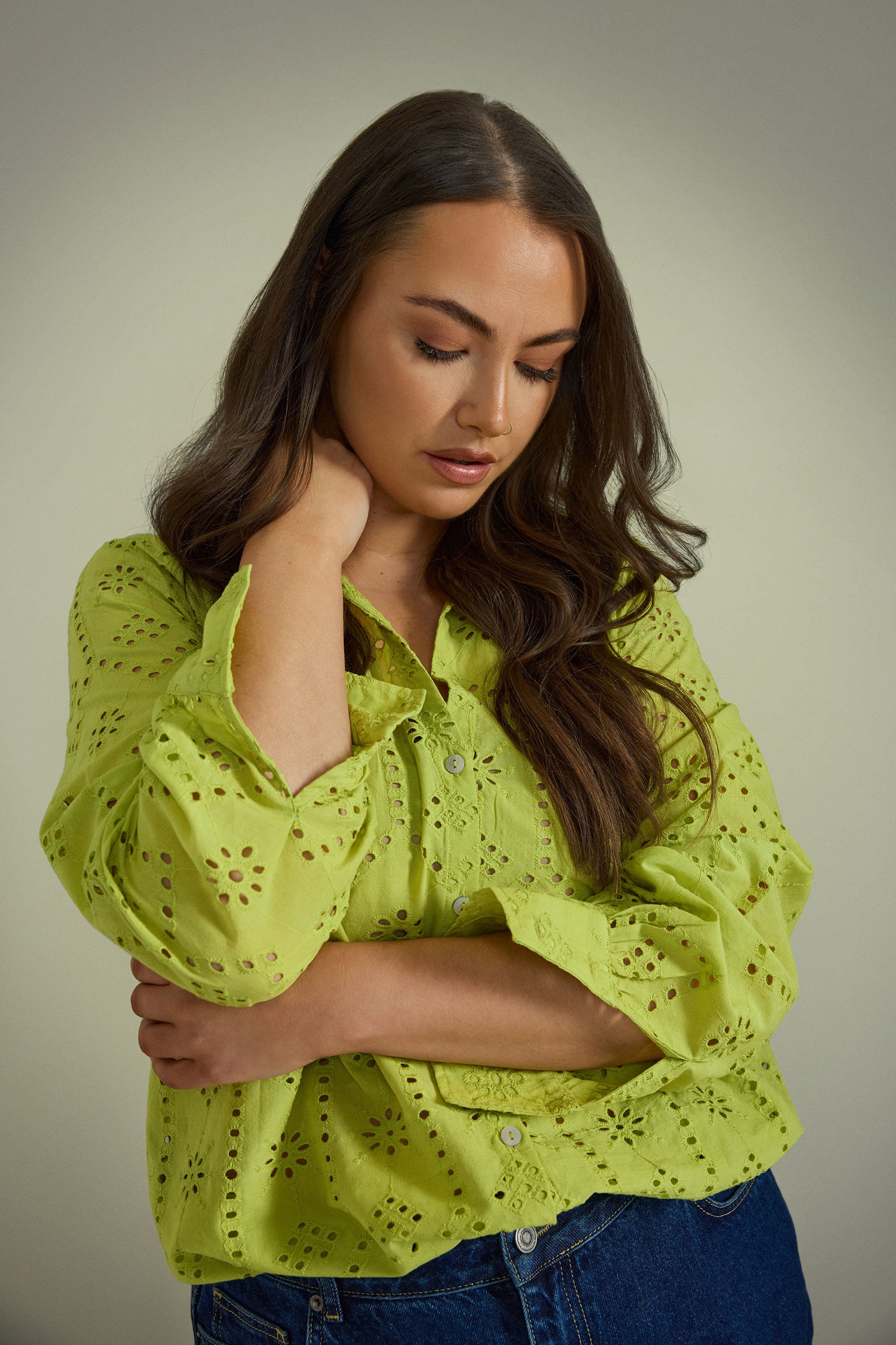 EVANS Plus Size Chartreuse Green Long Sleeve Broderie Shirt | Evans 1
