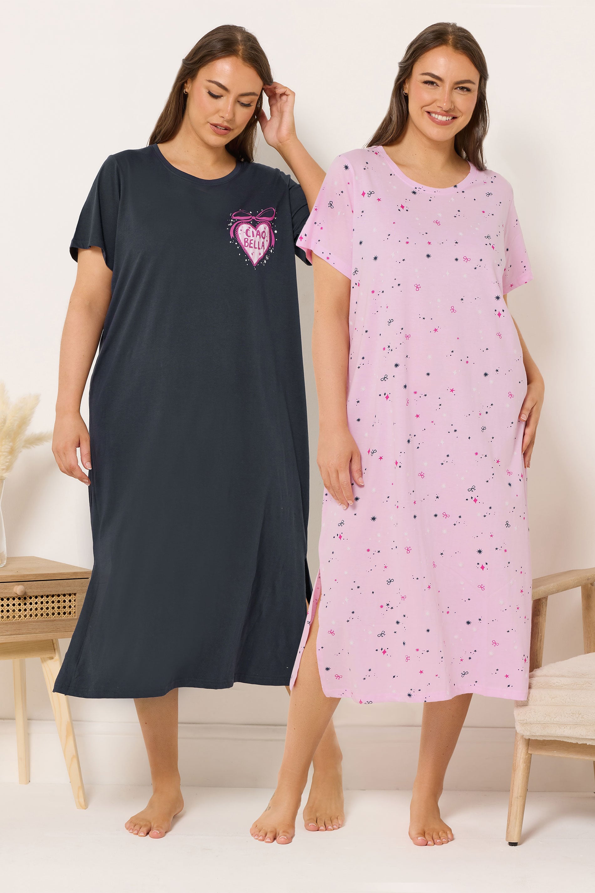 YOURS Plus Size 2 PACK Navy Blue 'Ciao Bella' Midaxi Nightdresses | Yours Clothing 1