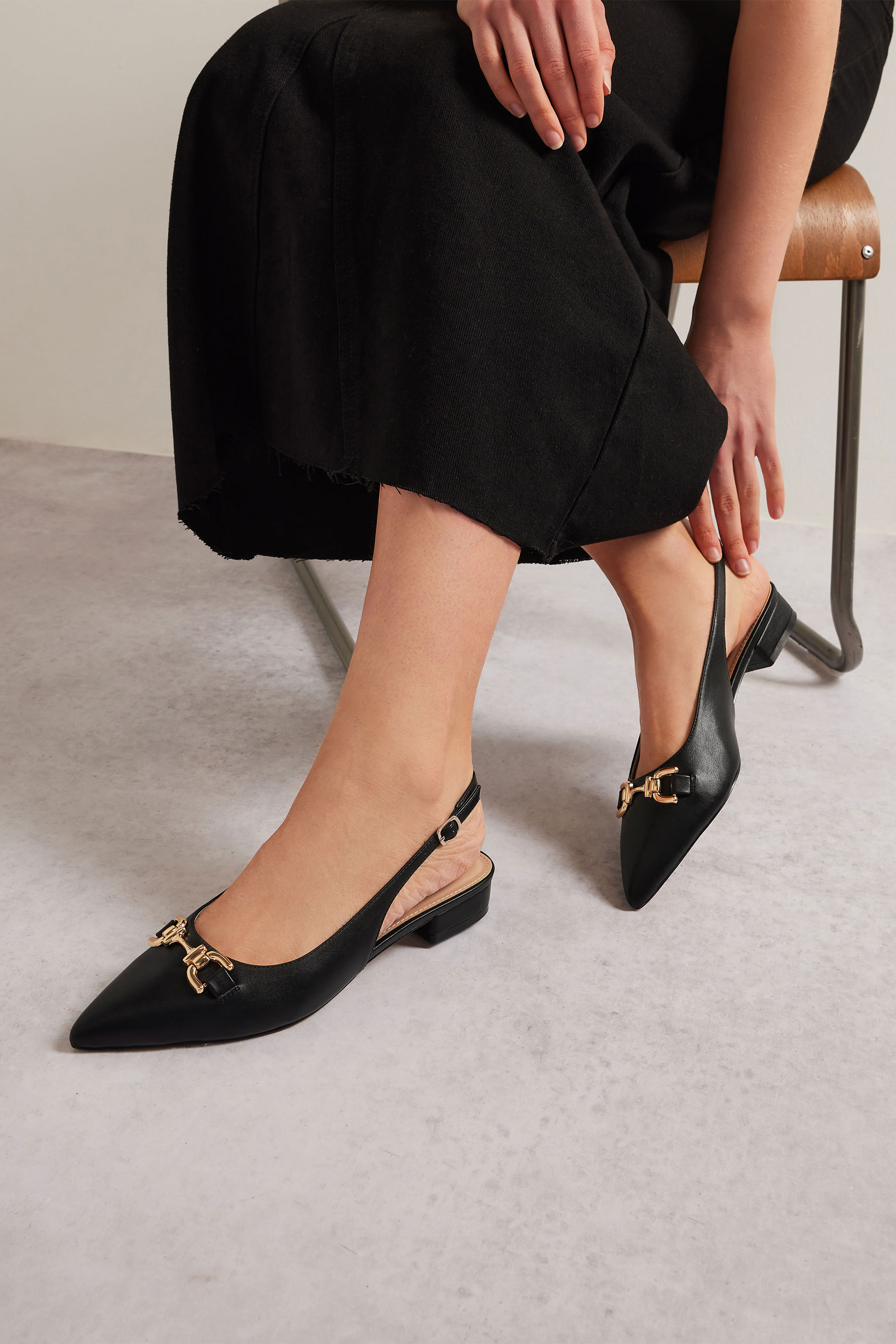 LTS Black Metal Buckle Slingback Flats In Standard Fit | Long Tall Sally 3