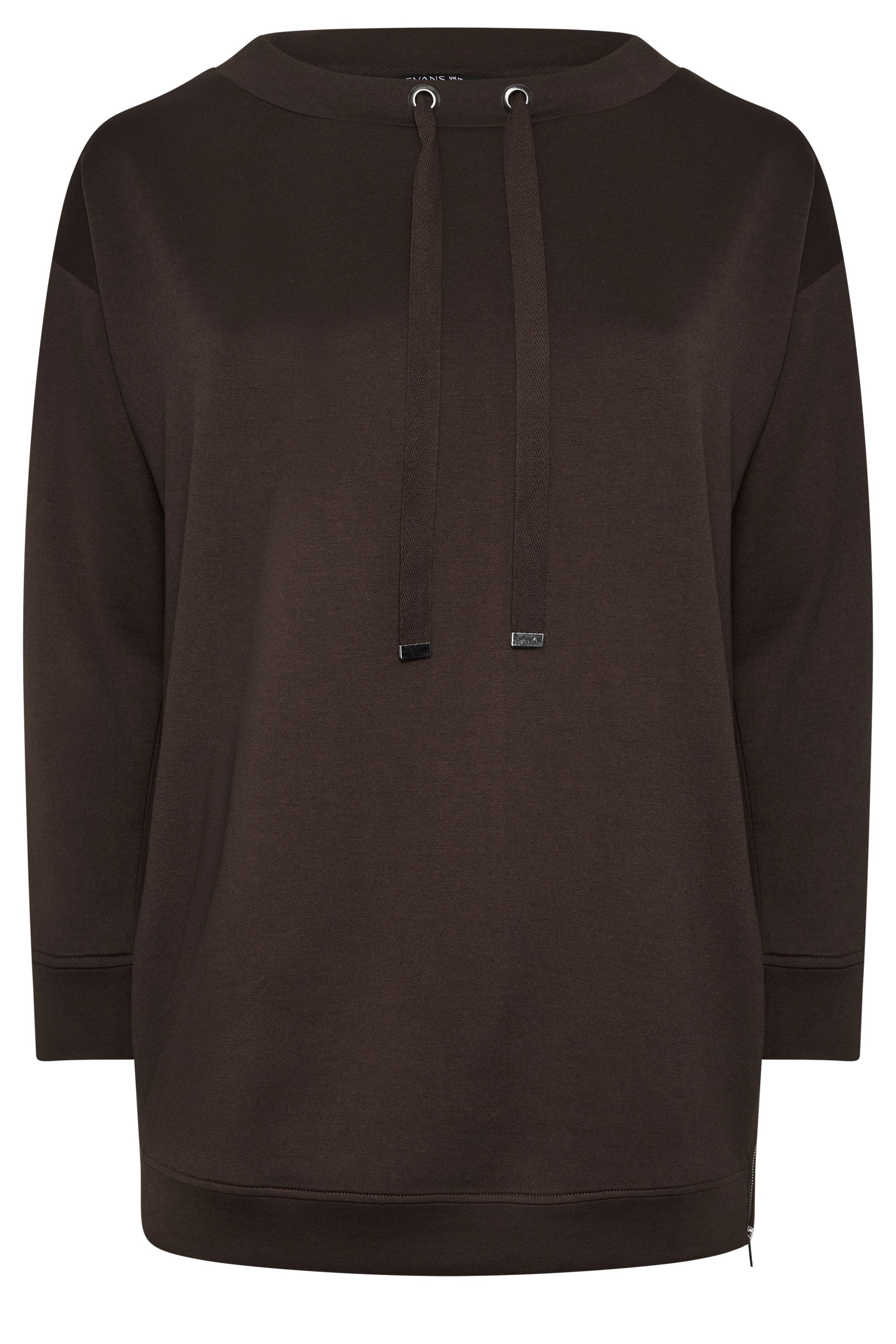 EVANS Plus Size Chocolate Brown Luxe Zip Detail Sweatshirt | Evans 1