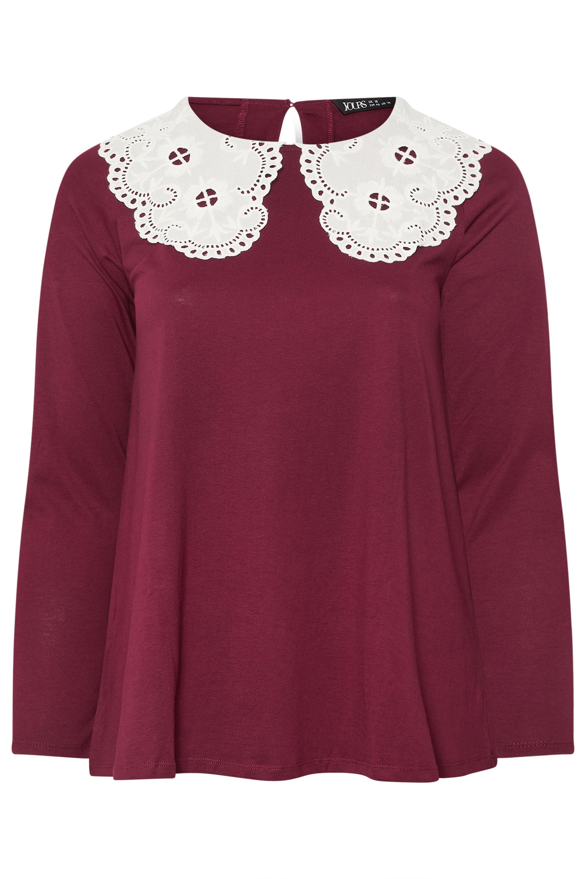 YOURS Plus Size Burgundy Red Broderie Anglaise Oversized Collar Top | Yours Clothing 5