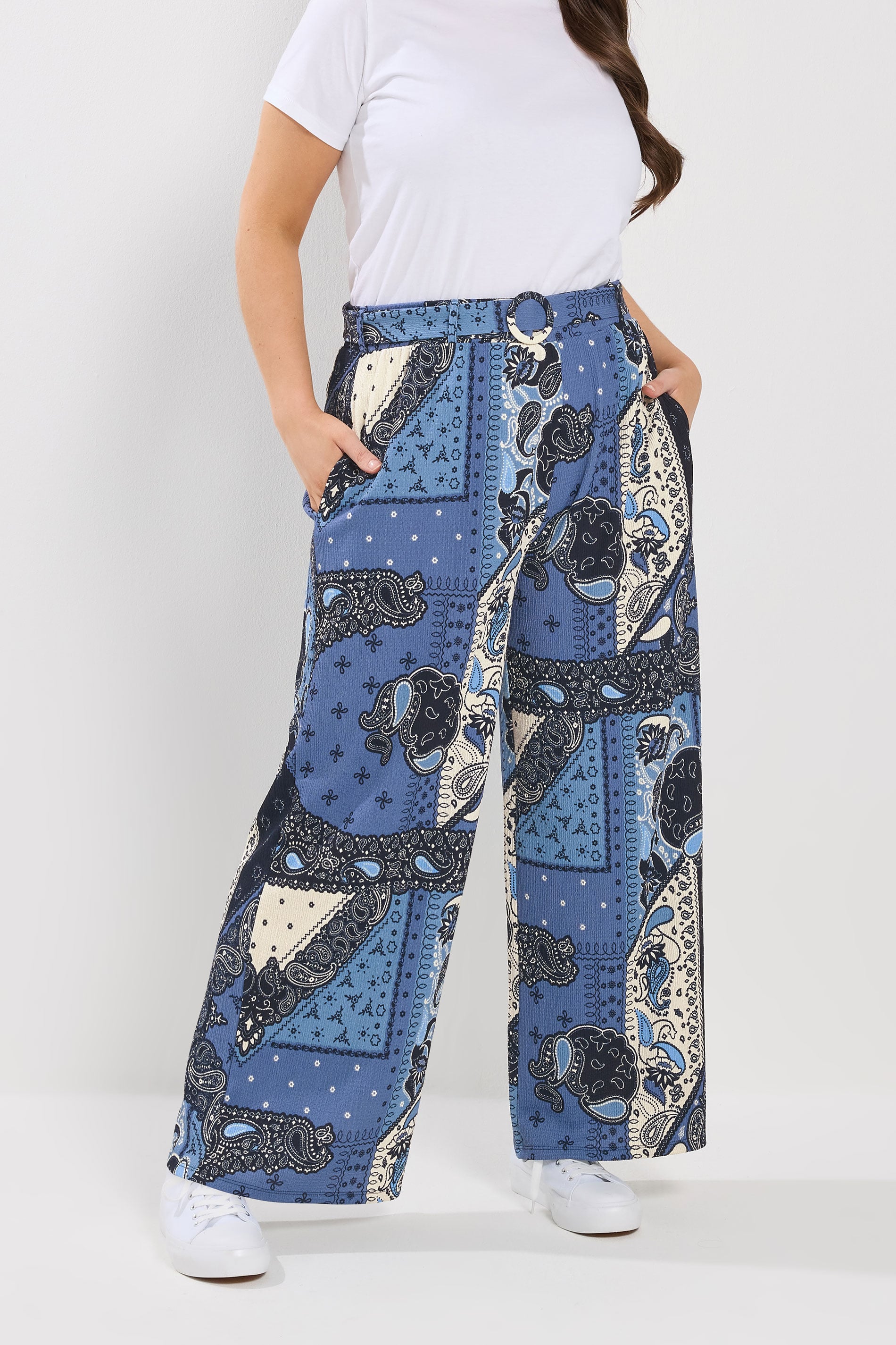 YOURS Plus Size Blue Bandana Print Belted Wide Leg Trousers | Yours Clothing 3