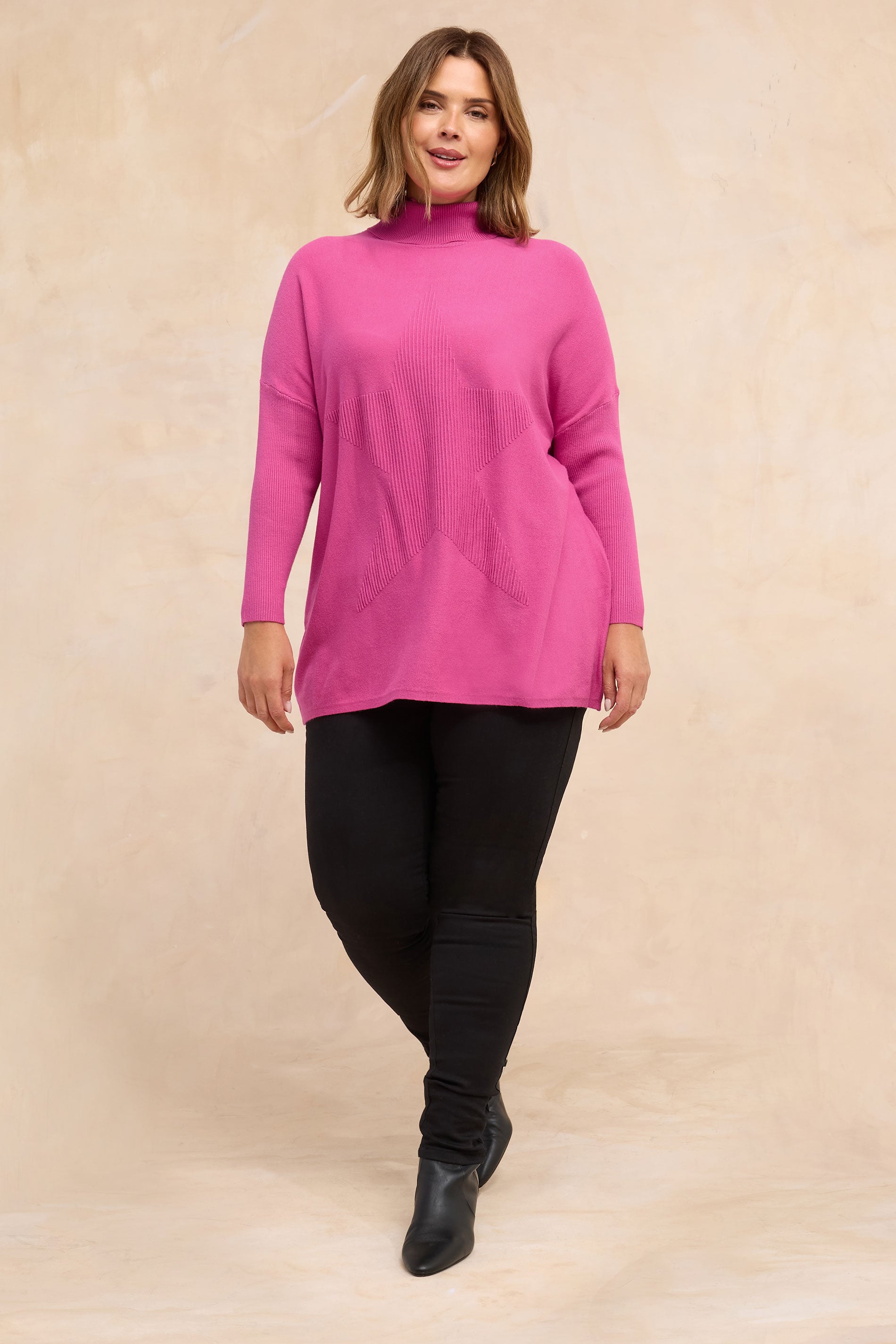 EVANS Plus Size Pink Knitted Star Roll Neck Jumper | Evans 1