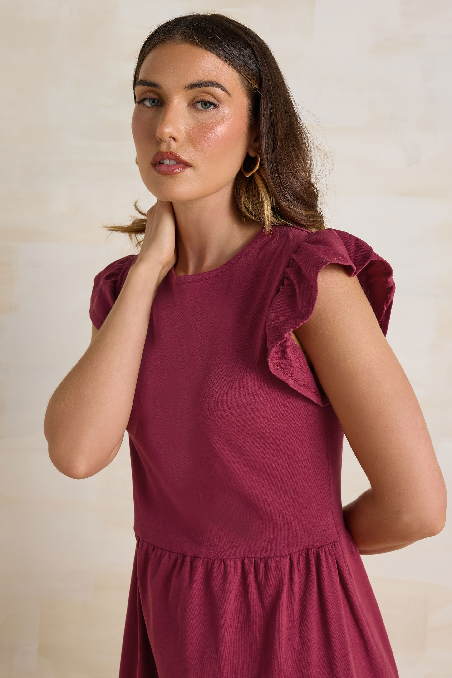 LTS Tall Dark Red Frill Sleeve Cotton Maxi Dress | Long Tall Sally 5