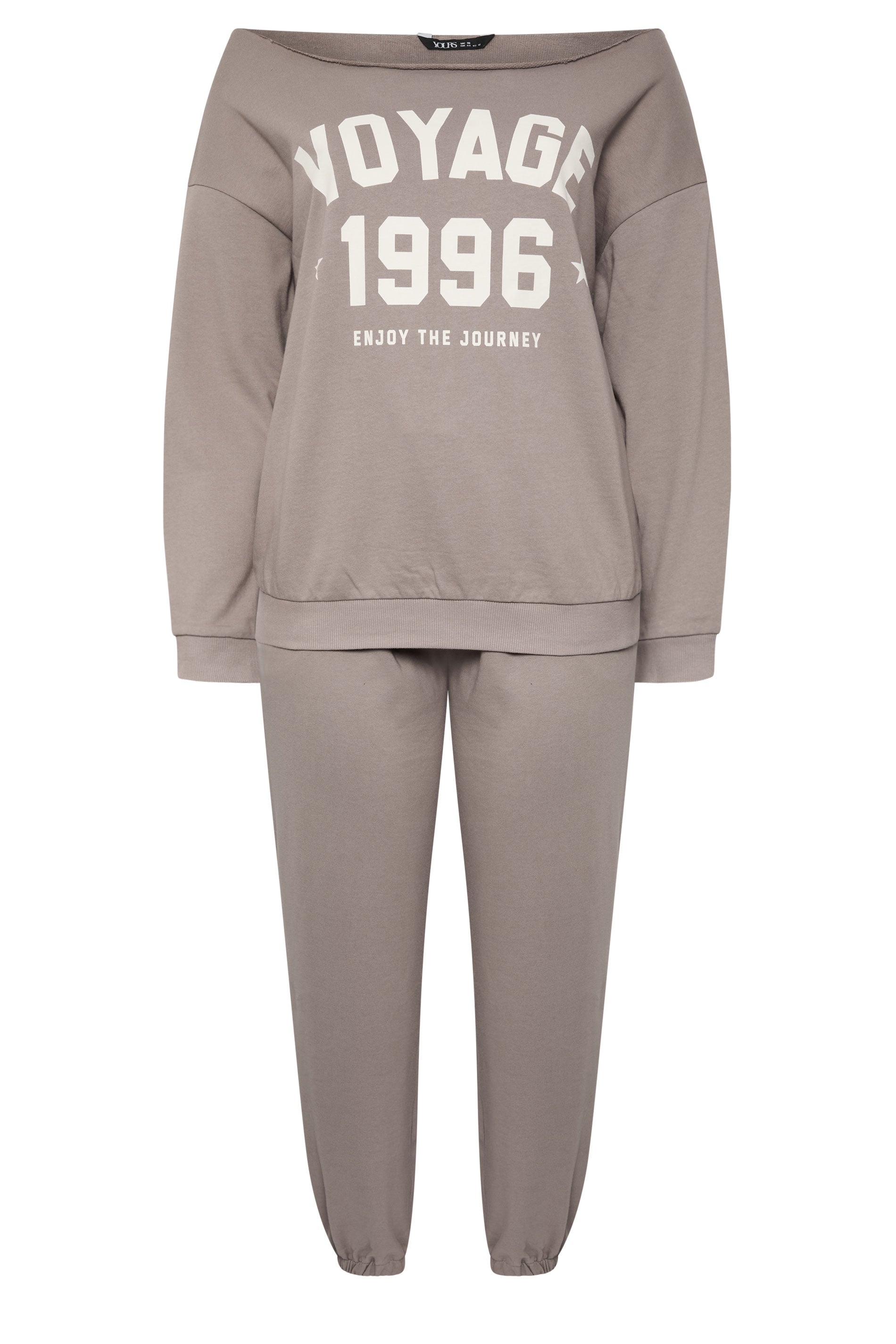 YOURS Plus Size Brown 'Voyage' Off-Shoulder Sweatshirt & Jogger Set | Yours Clothing 1