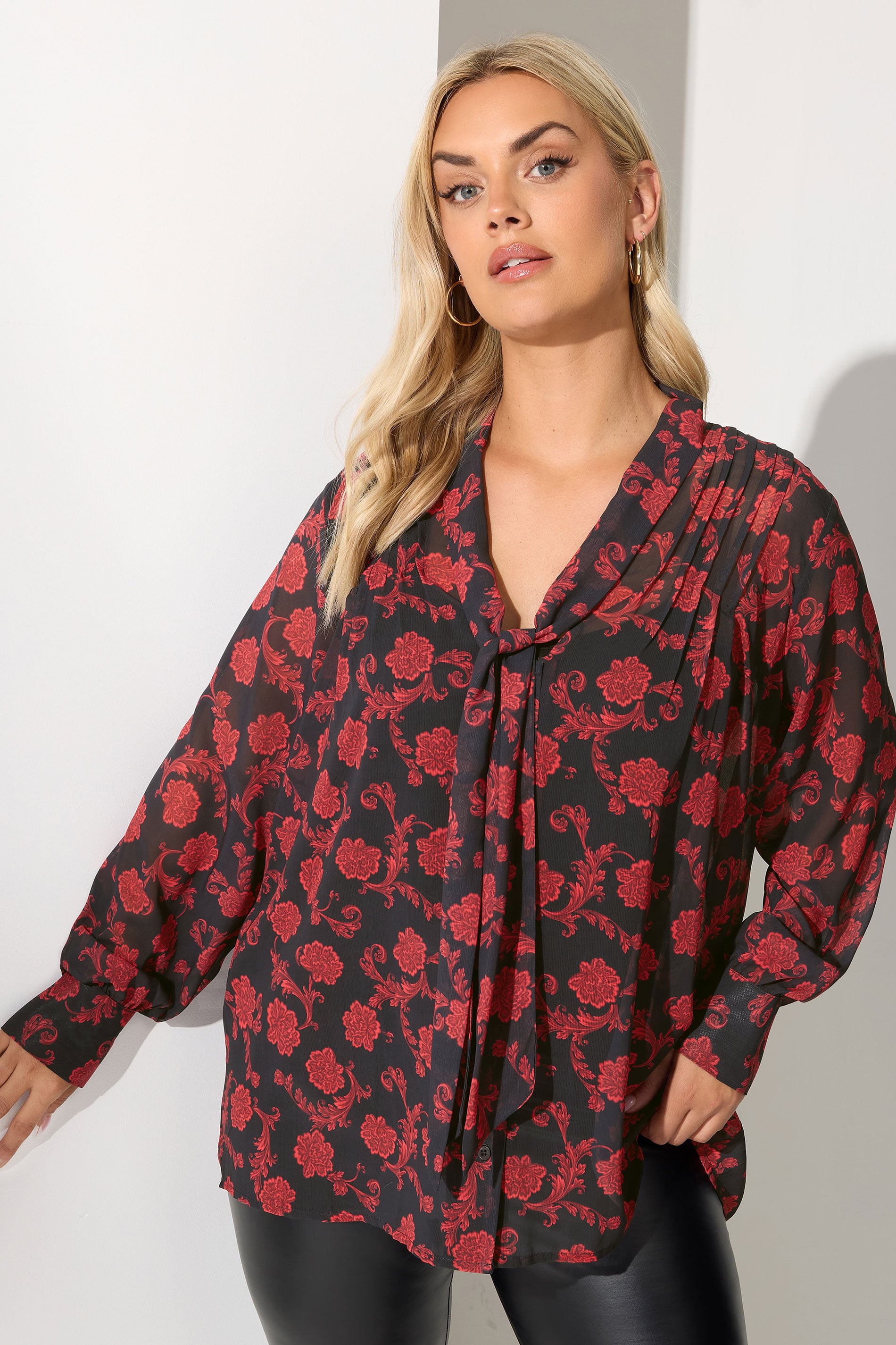 YOURS LONDON Plus Size Black Floral Pintuck Bow Tie Blouse | Yours Clothing 3