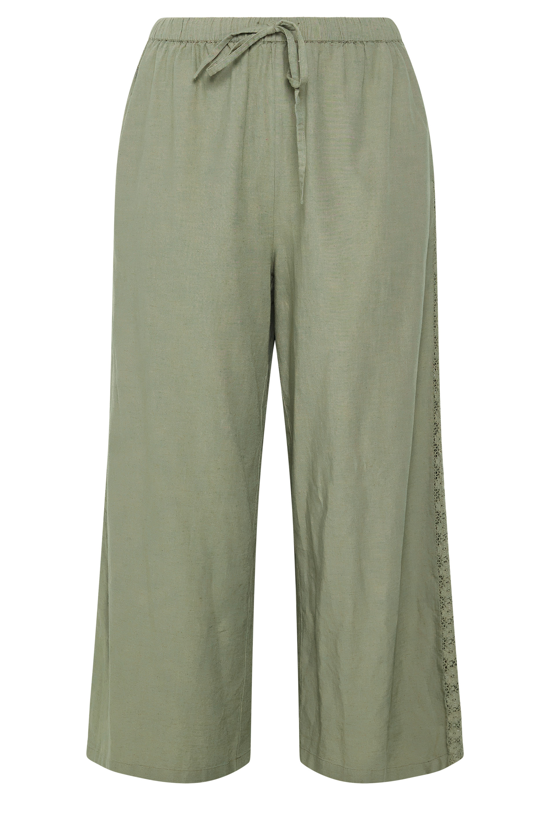 YOURS Plus Size Khaki Green Crochet Detail Linen Trousers | Yours Clothing 5