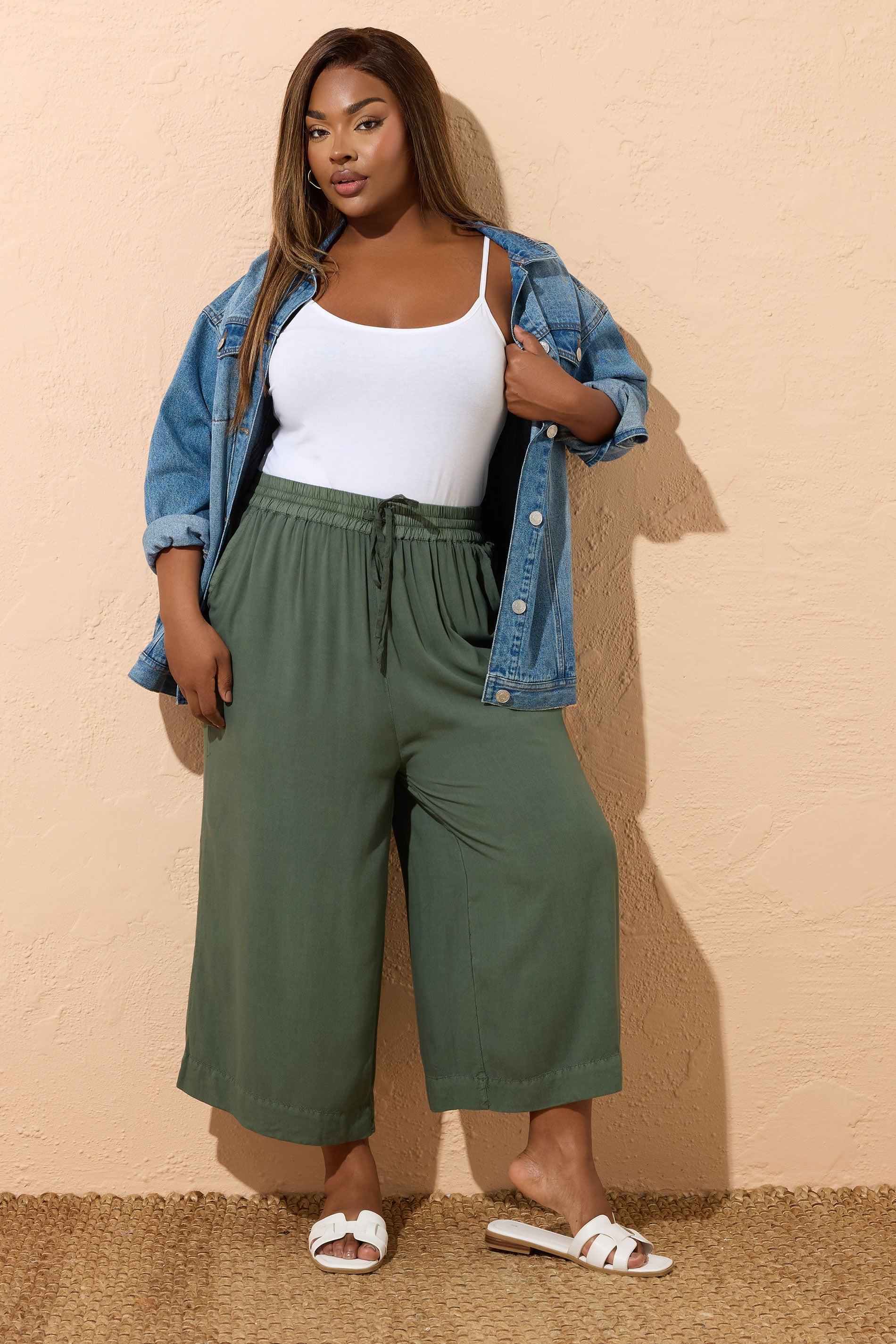 YOURS Plus Size Khaki Green Chambray Culottes | Yours Clothing 1