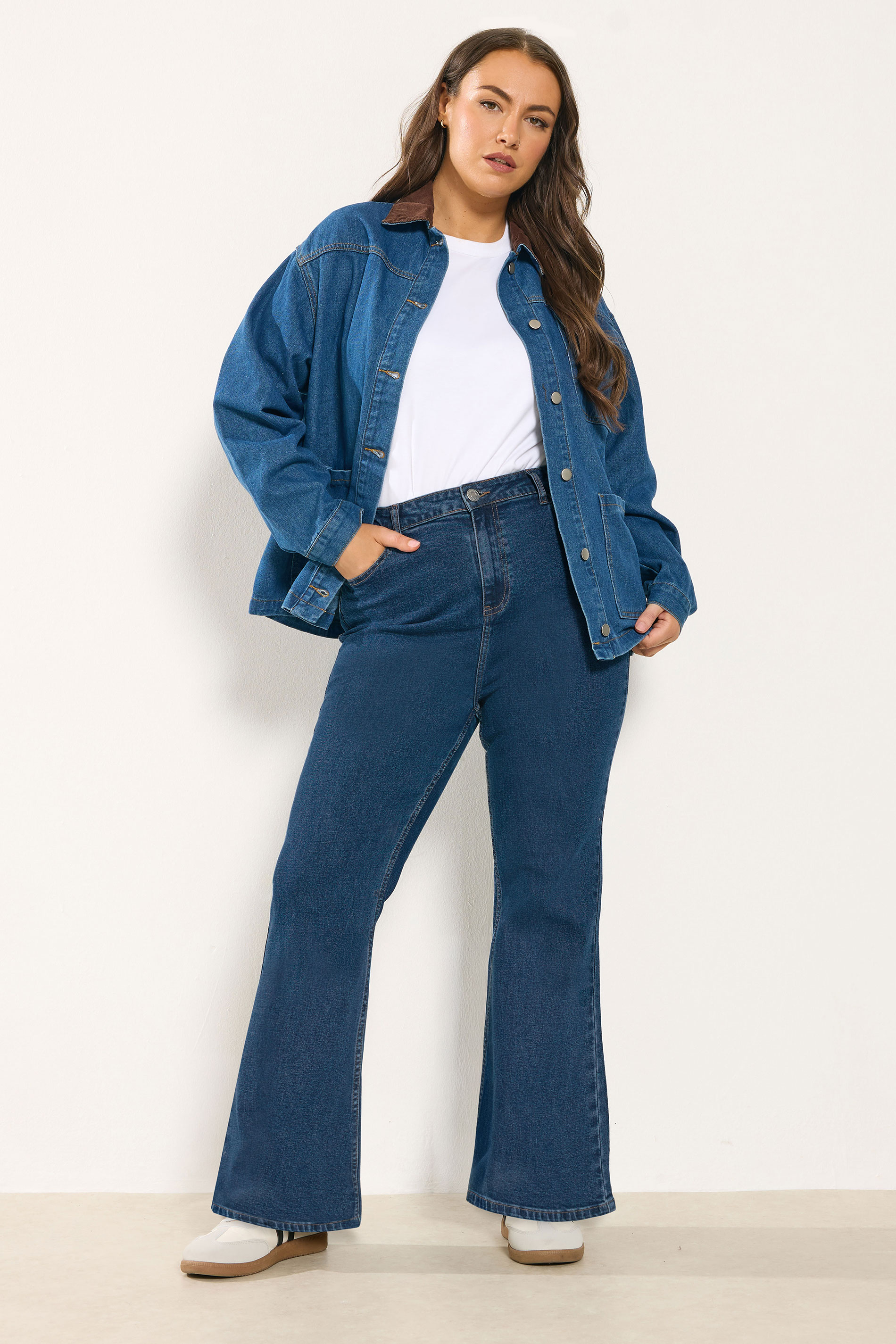YOURS Plus Size Mid Blue Wash Flare Stretch Jeans | Yours Clothing 1