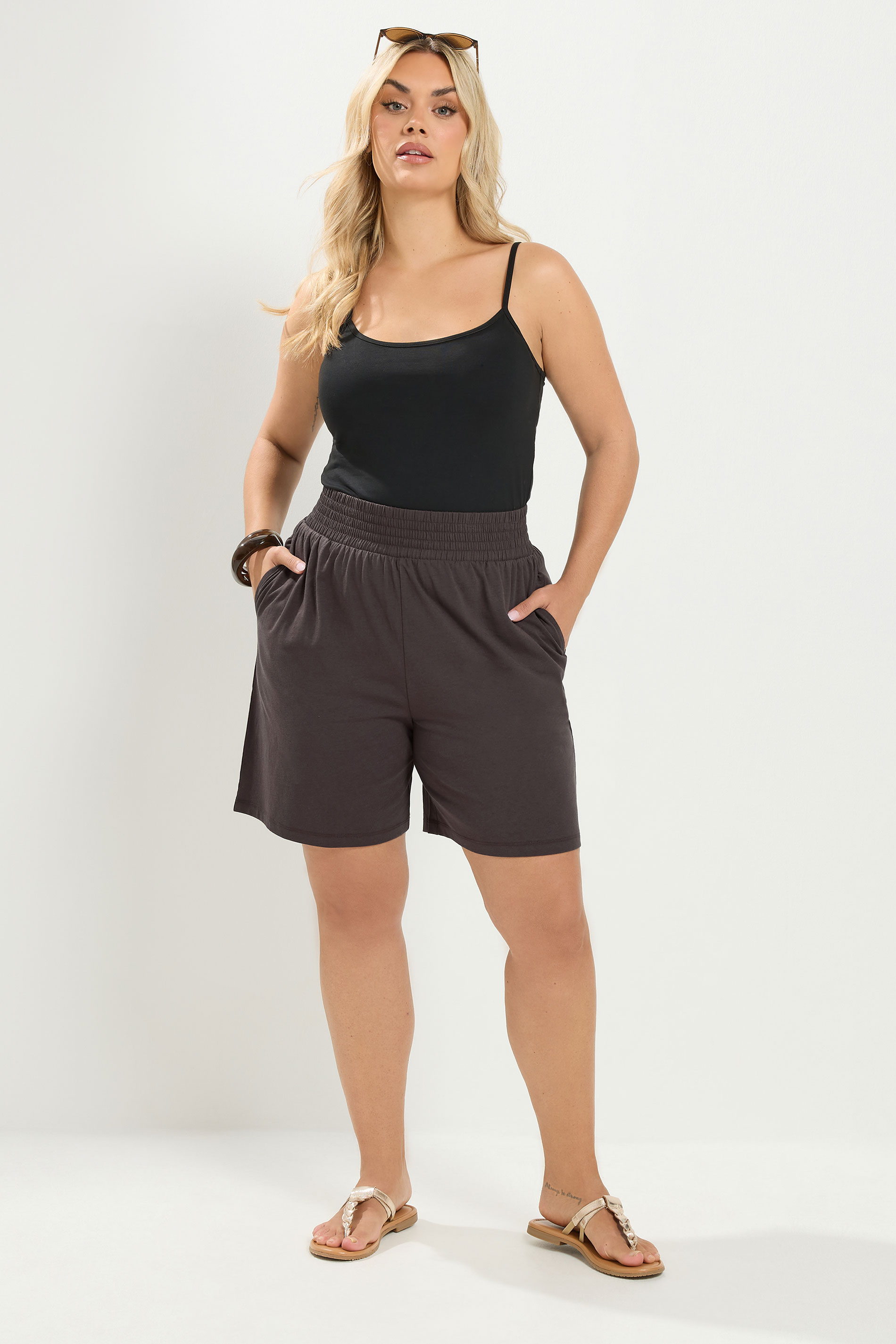 YOURS Plus Size Brown Shirred Waist Shorts | Yours Clothing 4