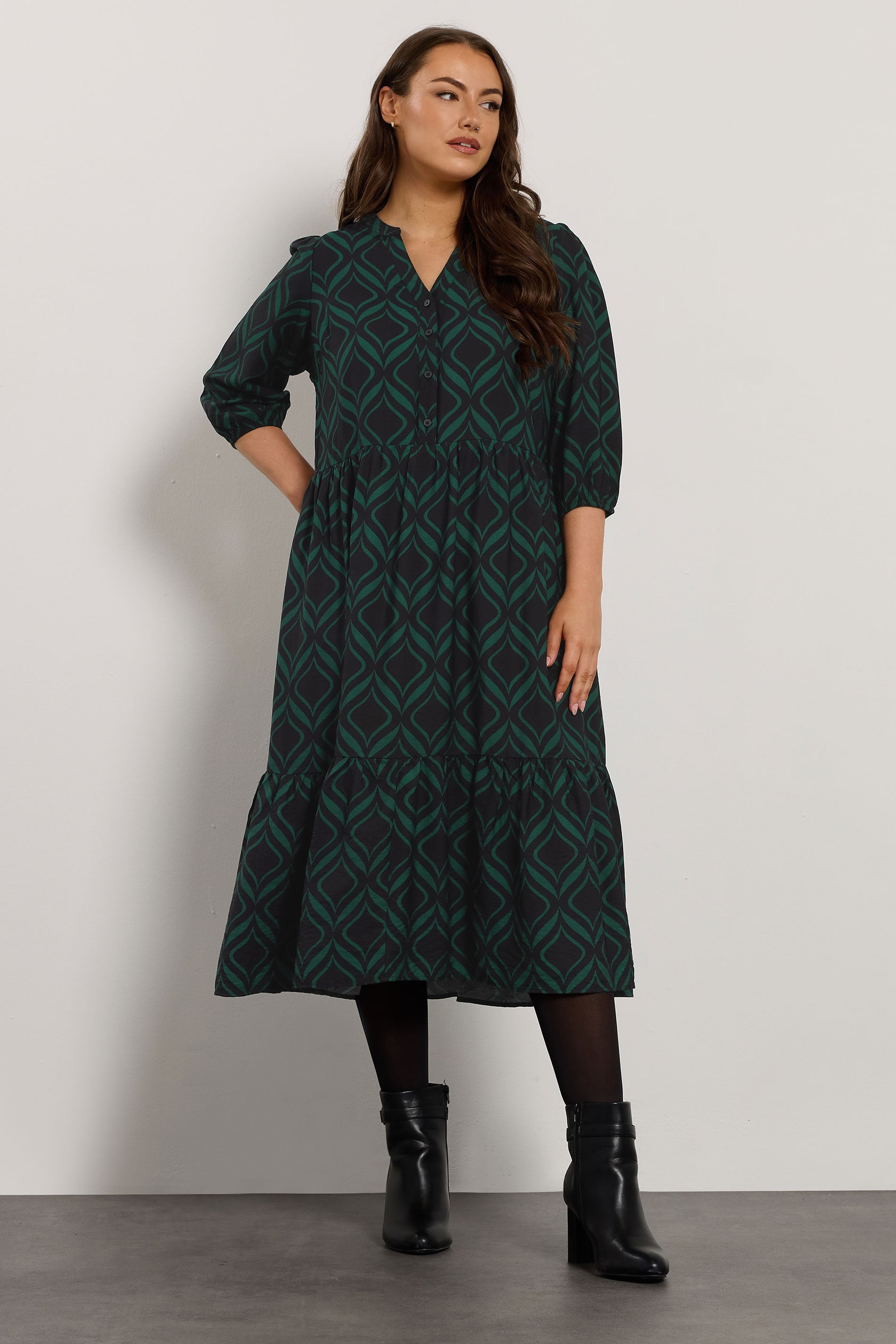 EVANS Plus Size Black Geometric Print Half Placket Dress | Evans 1