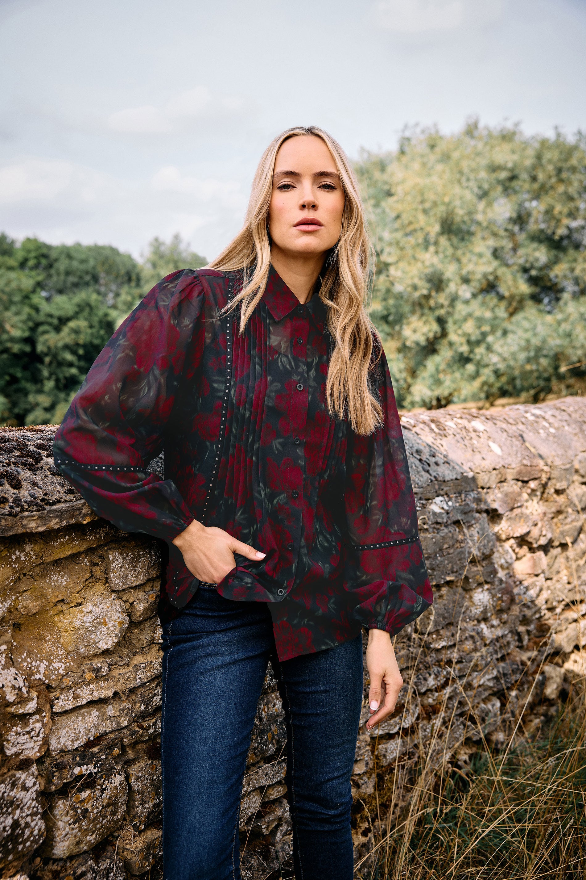 LTS Tall Red Rose Stud Trim Pintuck Shirt | Long Tall Sally 3