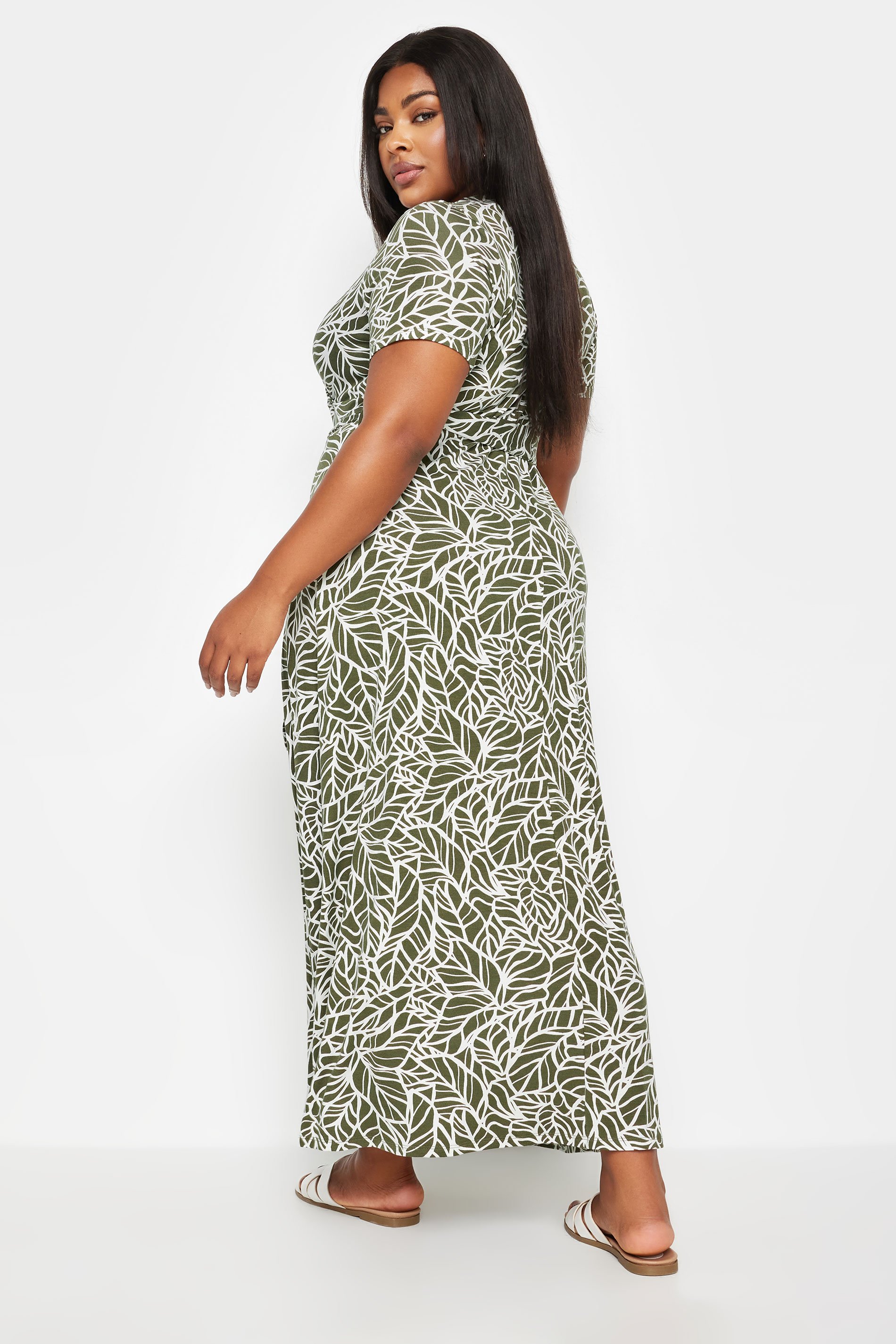 YOURS Plus Size Khaki Green Leaf Print Wrap Maxi Dress | Yours Clothing 3
