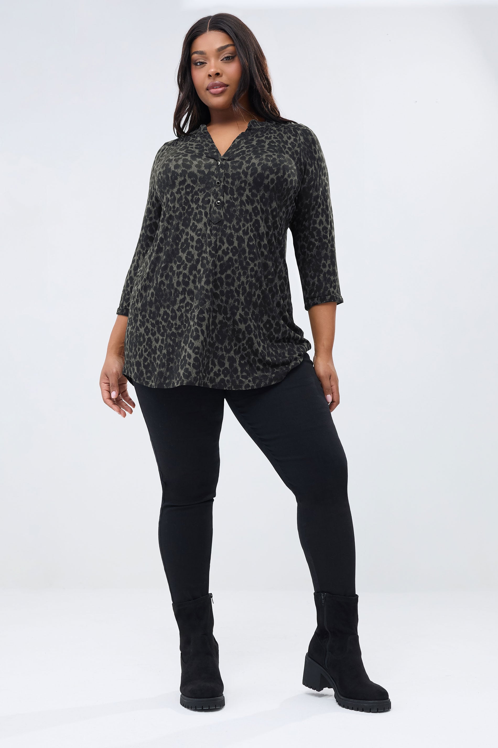 YOURS Plus Size Dark Green Leopard Print Placket Top | Yours Clothing 1