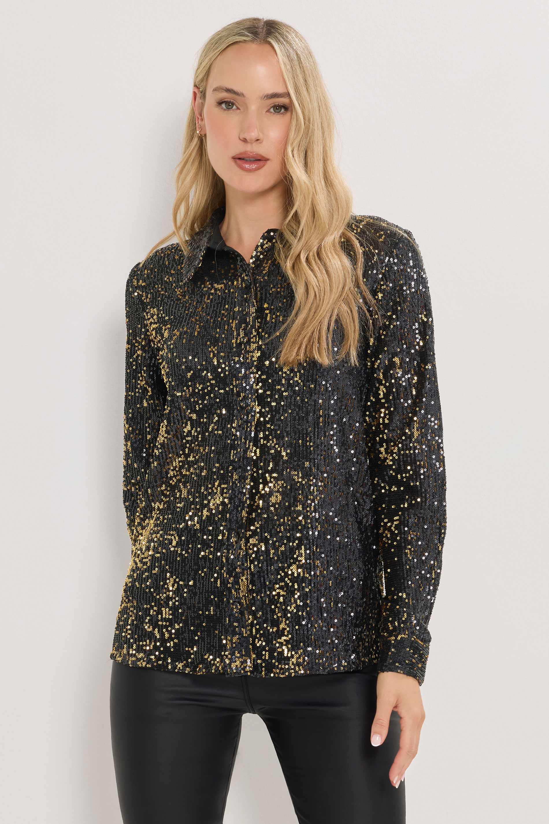 LTS Tall Black & Gold Sequin Embellished Shirt | Long Tall Sally 1