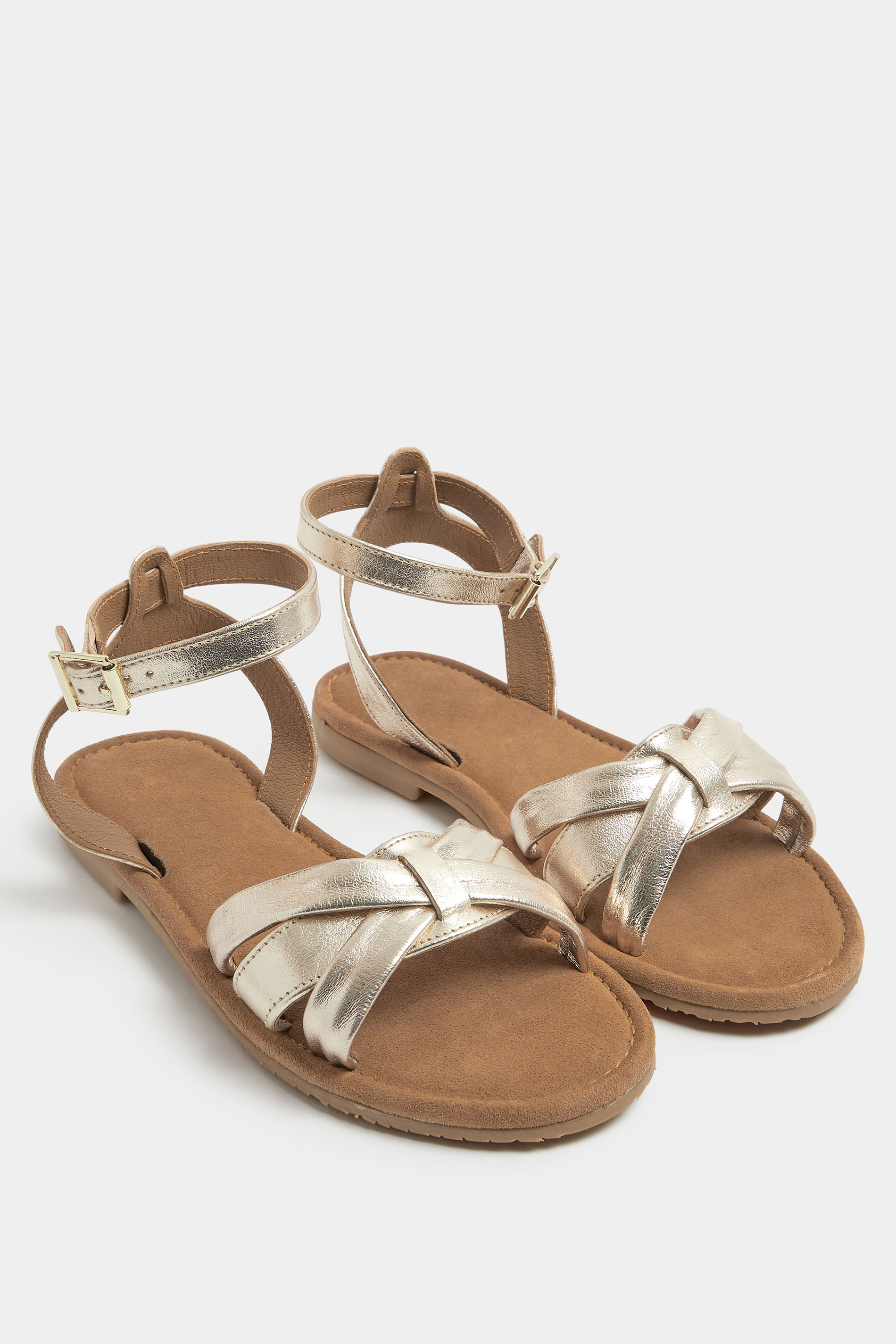 Gold Faux Leather Cross Over Sandals In Extra Wide EEE Fit | Yours Clothing 1