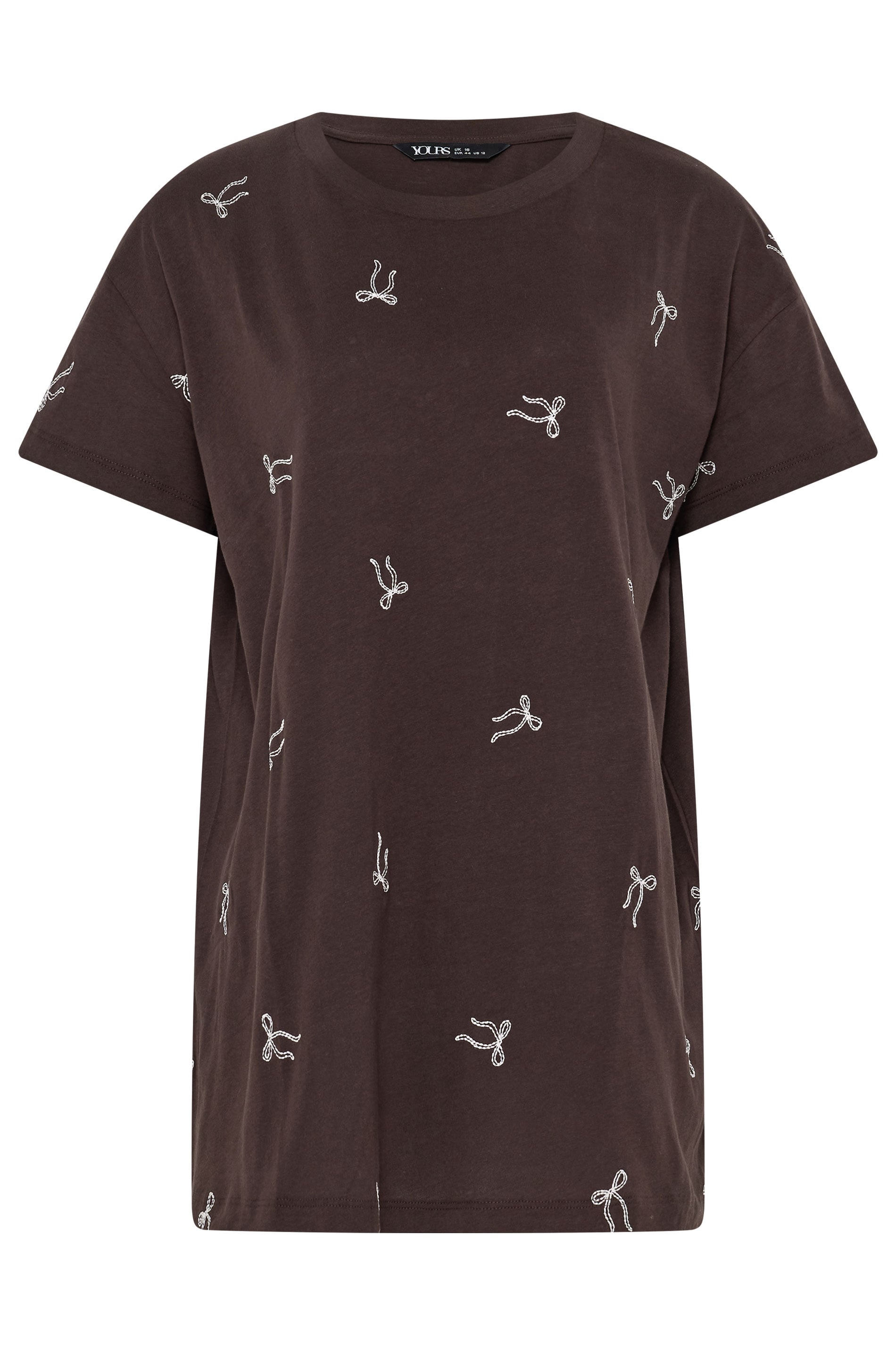 YOURS Plus Size Chocolate Brown Embroidered Bow T-Shirt | Yours Clothing 5
