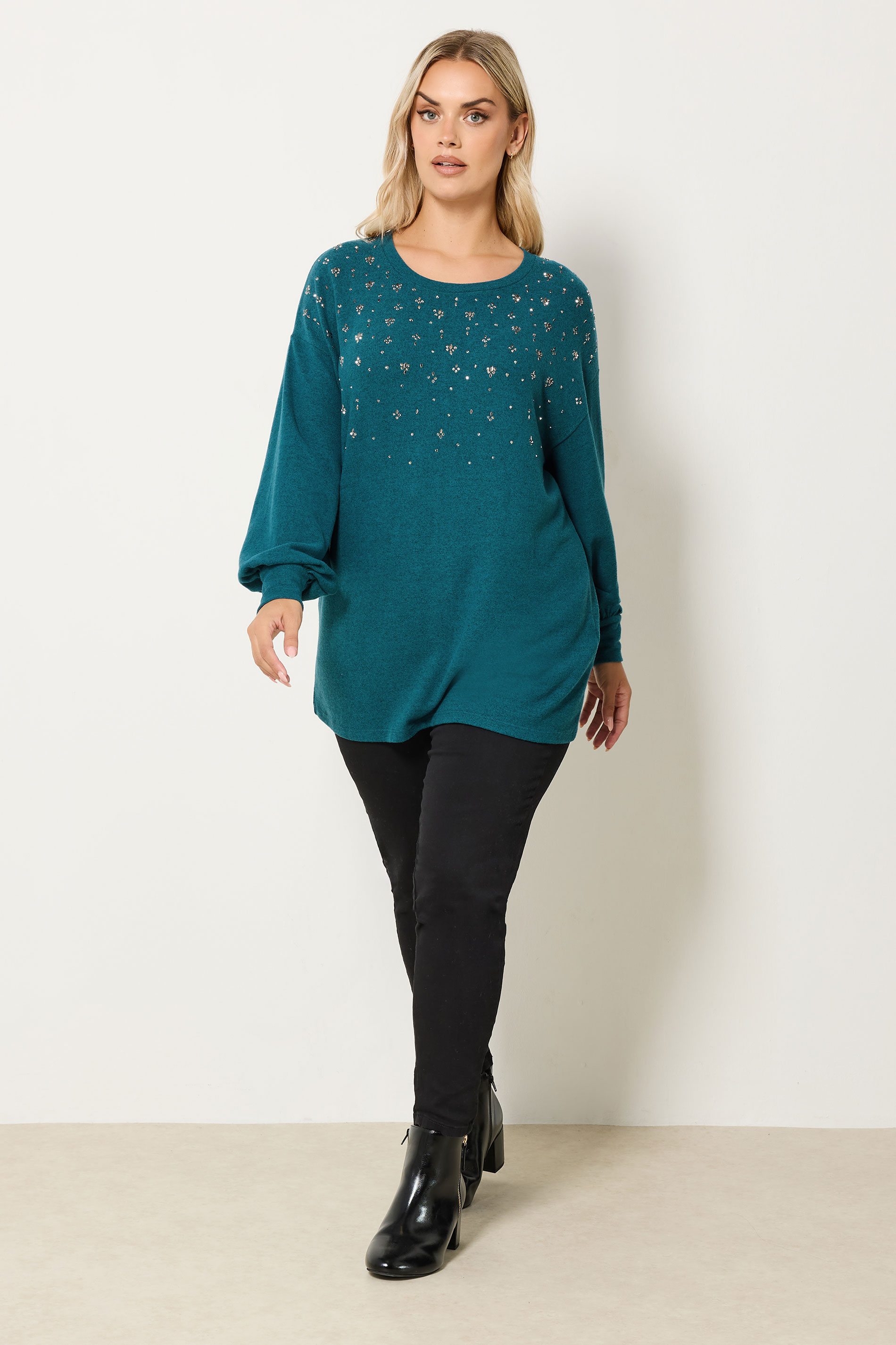 YOURS Plus Size Teal Blue Diamante Embellished Jumper | Yours Clothing 1