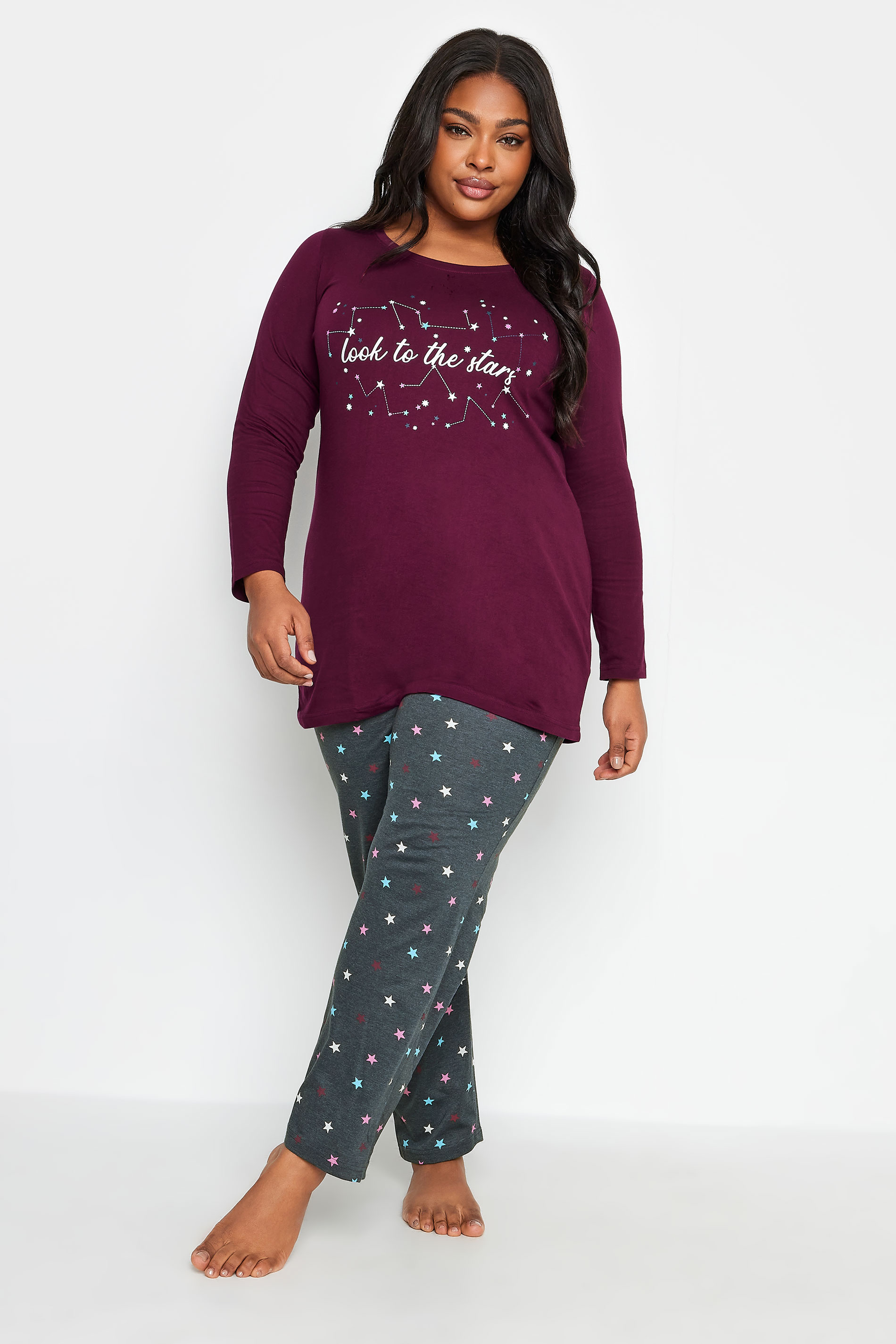 YOURS Plus Size Wine Red 'Look At The Stars' Star Print Pyjama Set | Yours Clothing 1
