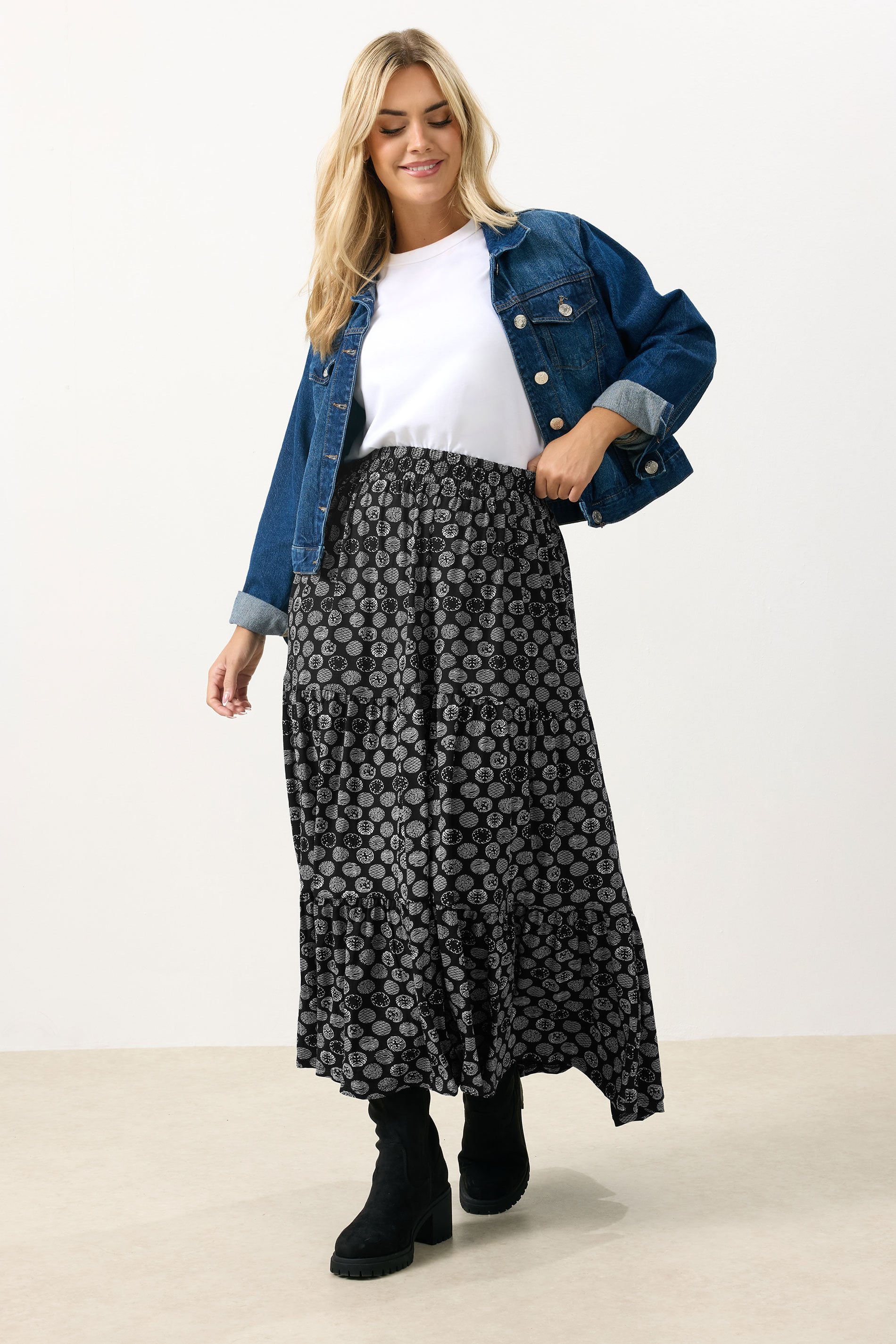 YOURS Plus Size Black Spot Tiered Maxi Skirt | Yours Clothing 1