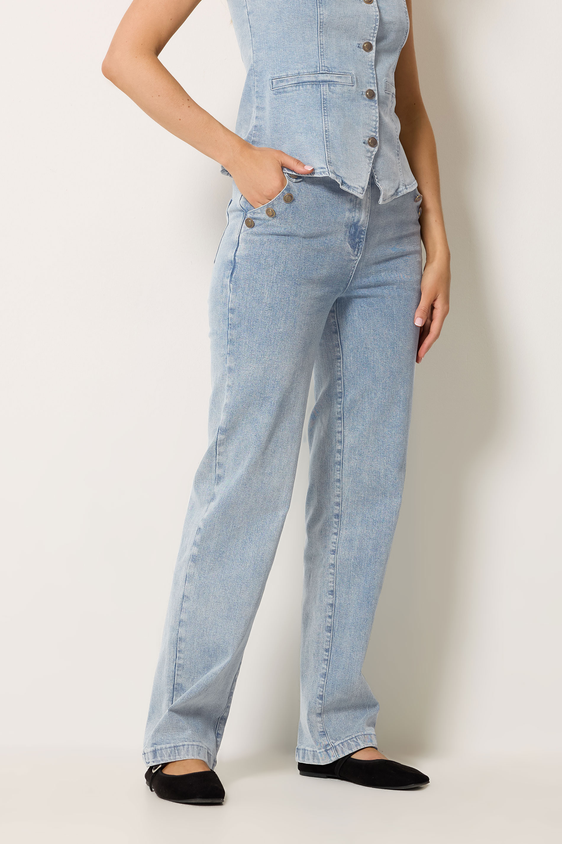 LTS Tall Women's Light Blue Button Detail Straight Leg Jeans | Long Tall Sally 1