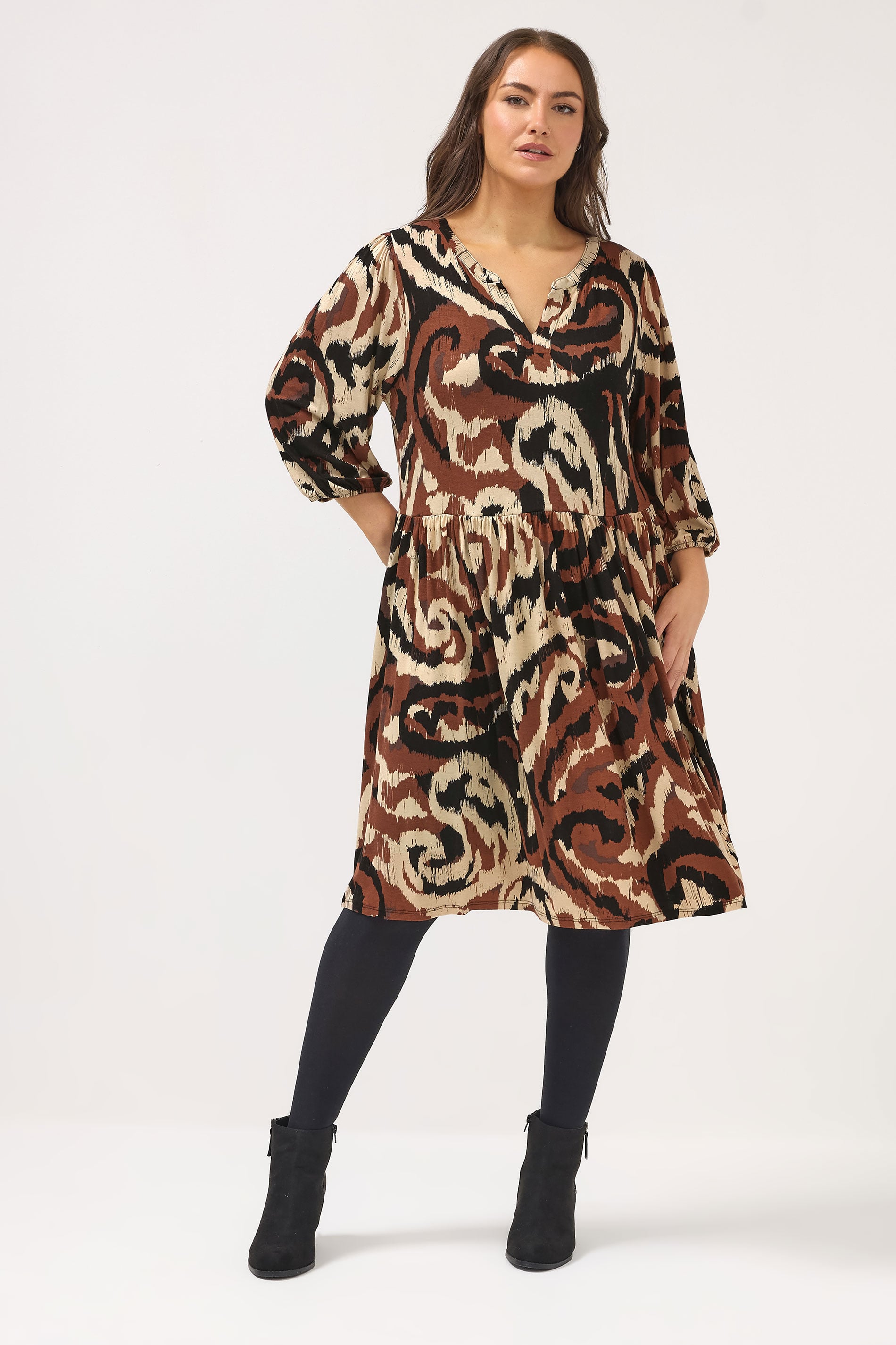 YOURS Plus Size Brown Abstract Notch Neck Dress | Yours Clothing 1