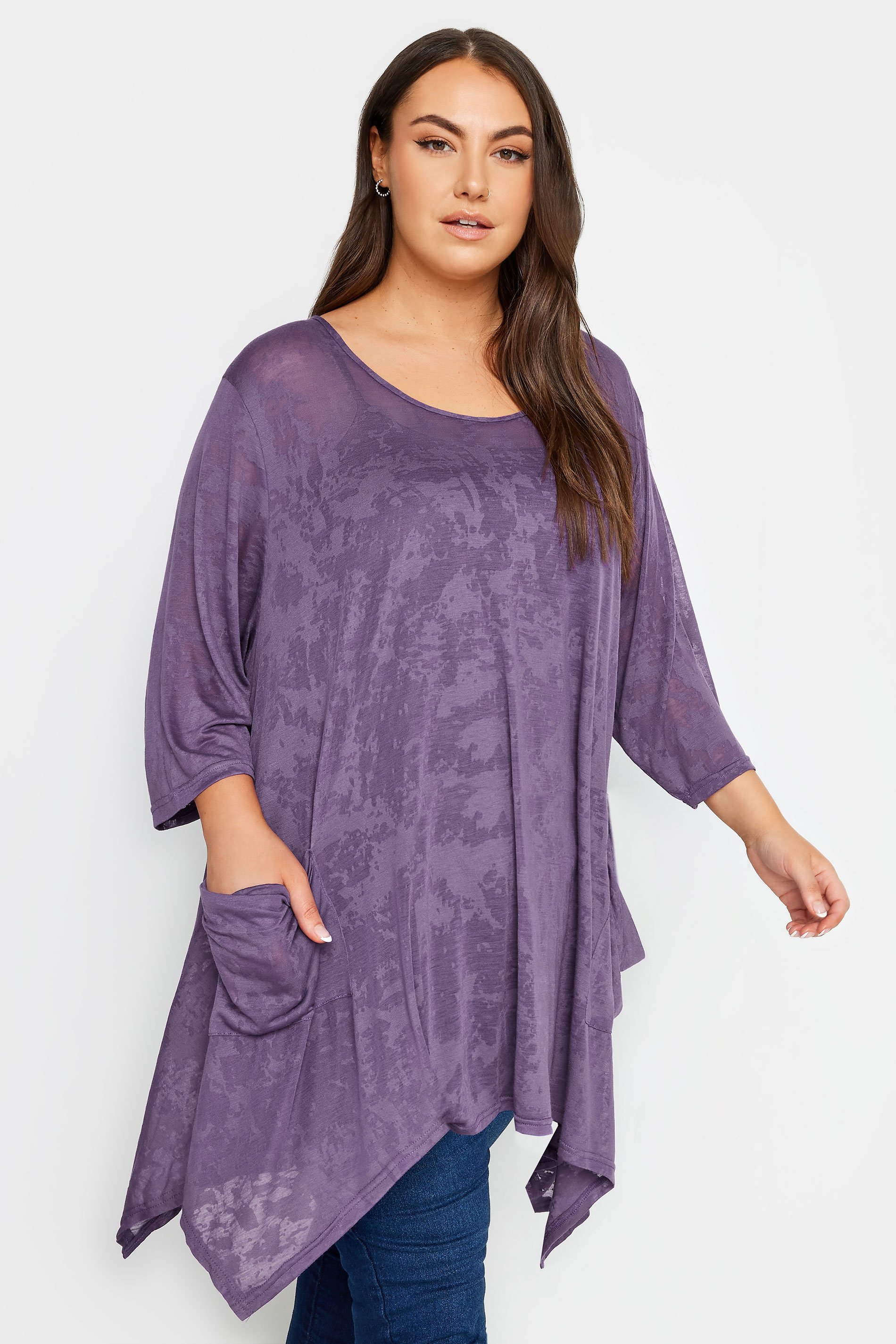 YOURS Plus Size Purple Hanky Hem Pocket Top | Yours Clothing 1