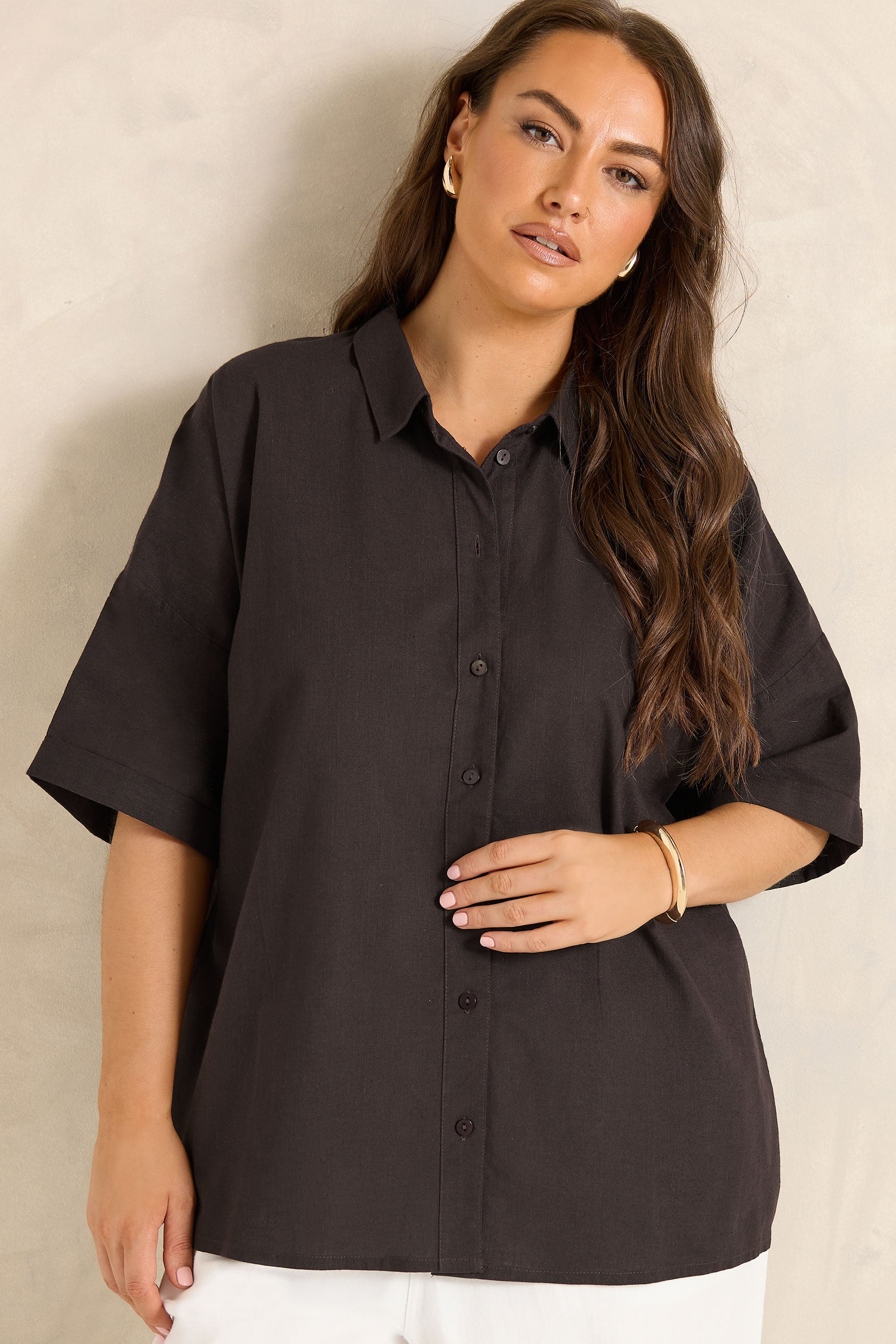 Evans Women's Brown Plus Cotton Boxy Collard Shirt Size 26-28