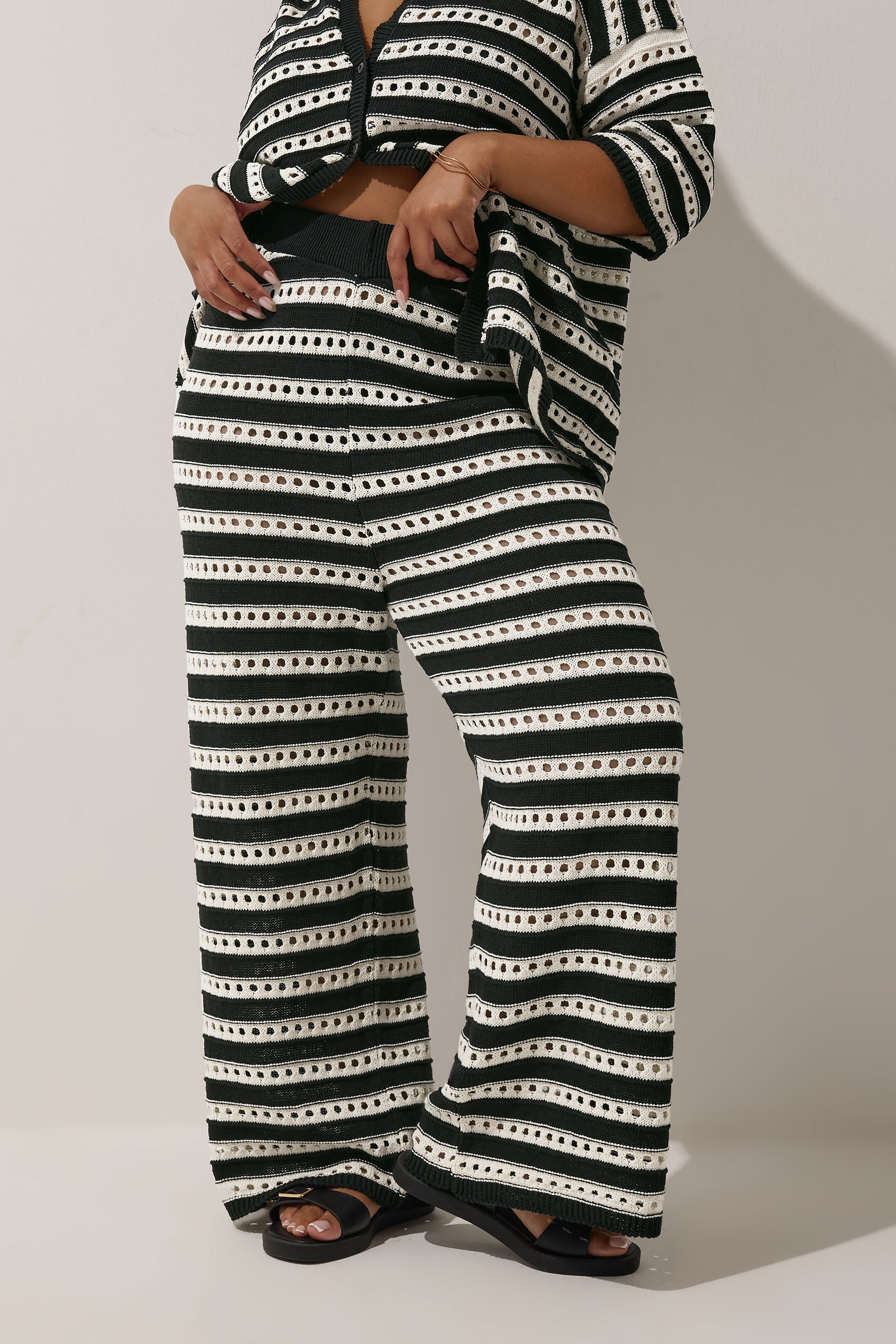LIMITED COLLECTION Plus Size Black & White Stripe Crochet Wide Leg Trousers | Yours Clothing 2